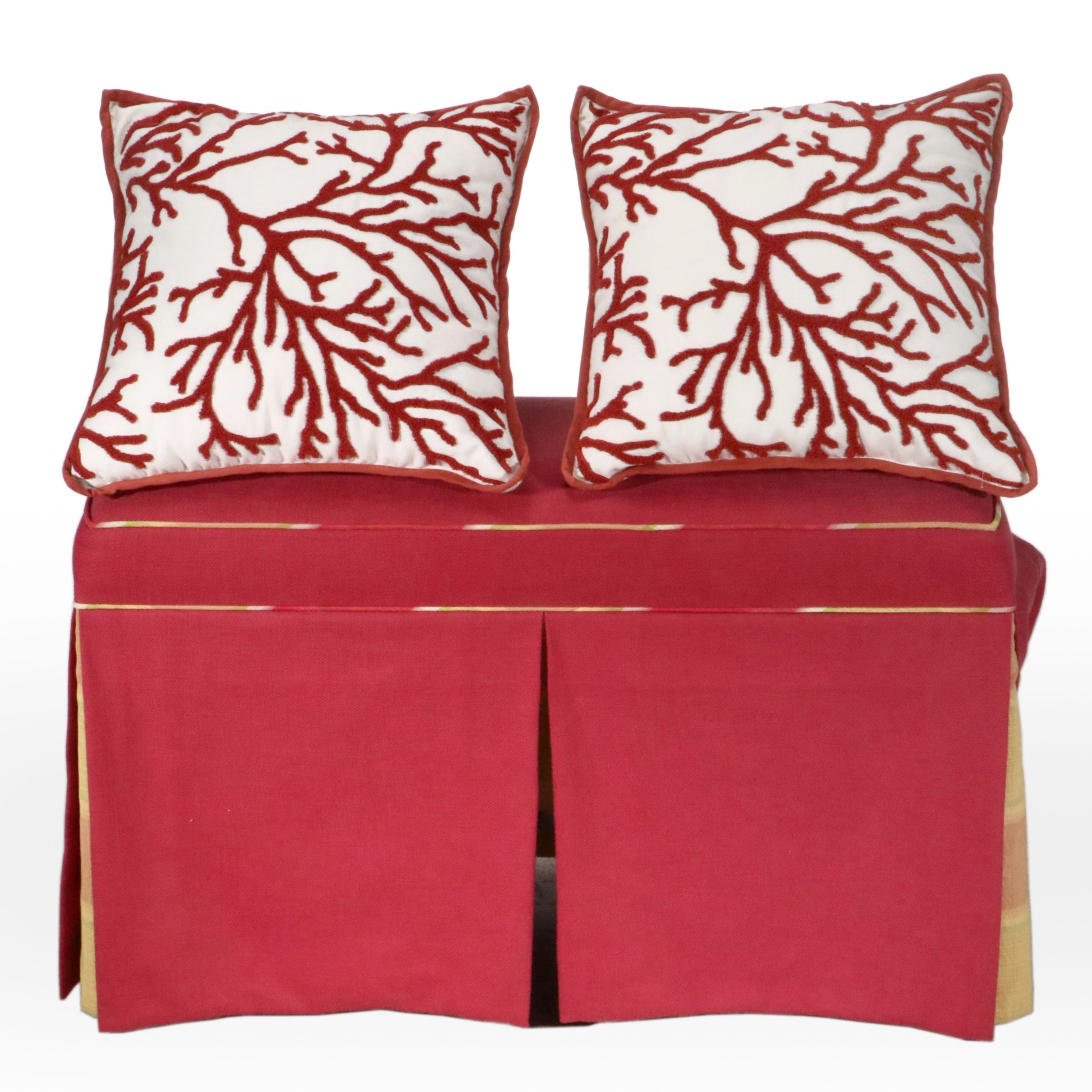 Sheraton Style Upholstered Mahogany Piano Bench with Throw Pillows, Sheet Music