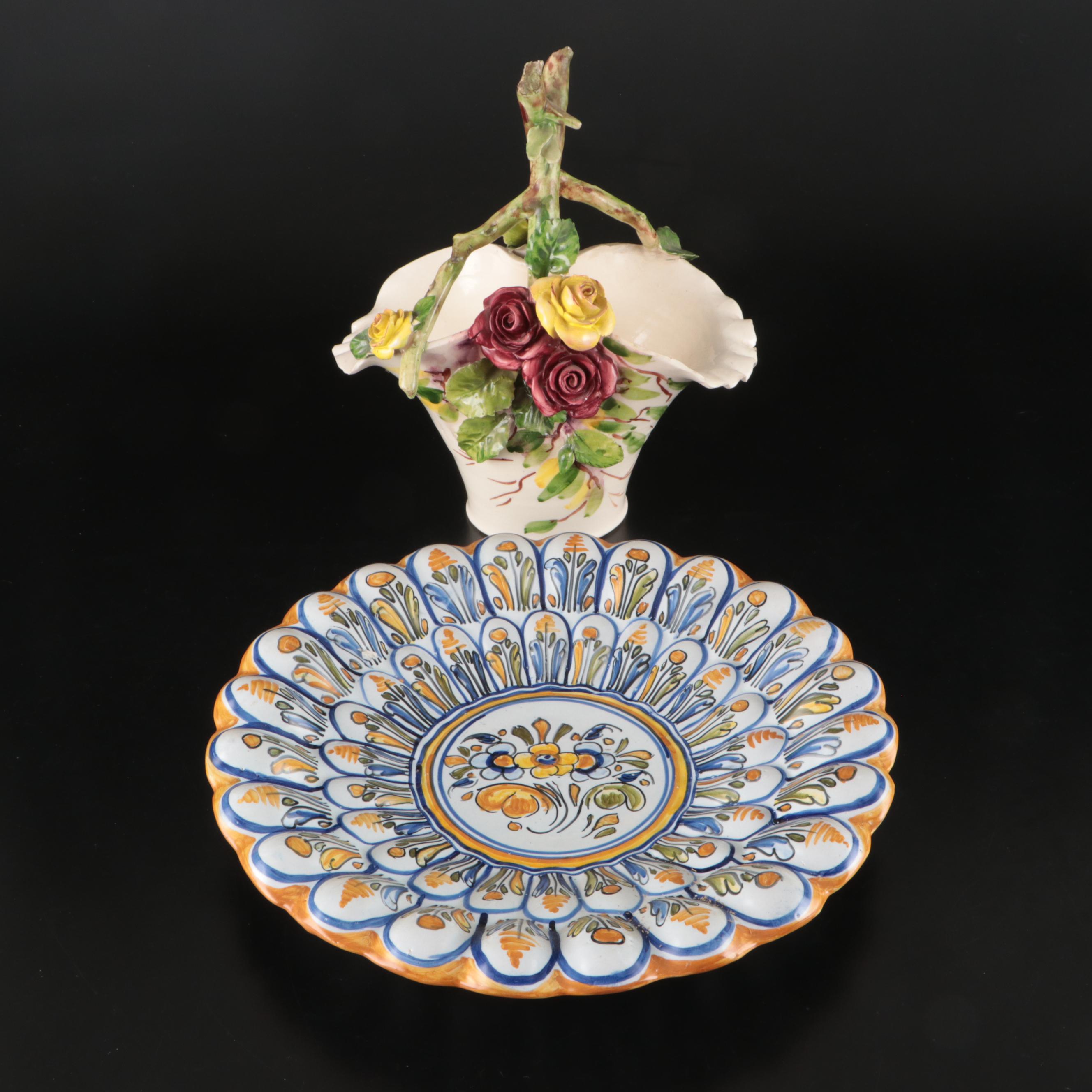 Italian Majolica Plate with Other Floral Ceramic Basket Vase
