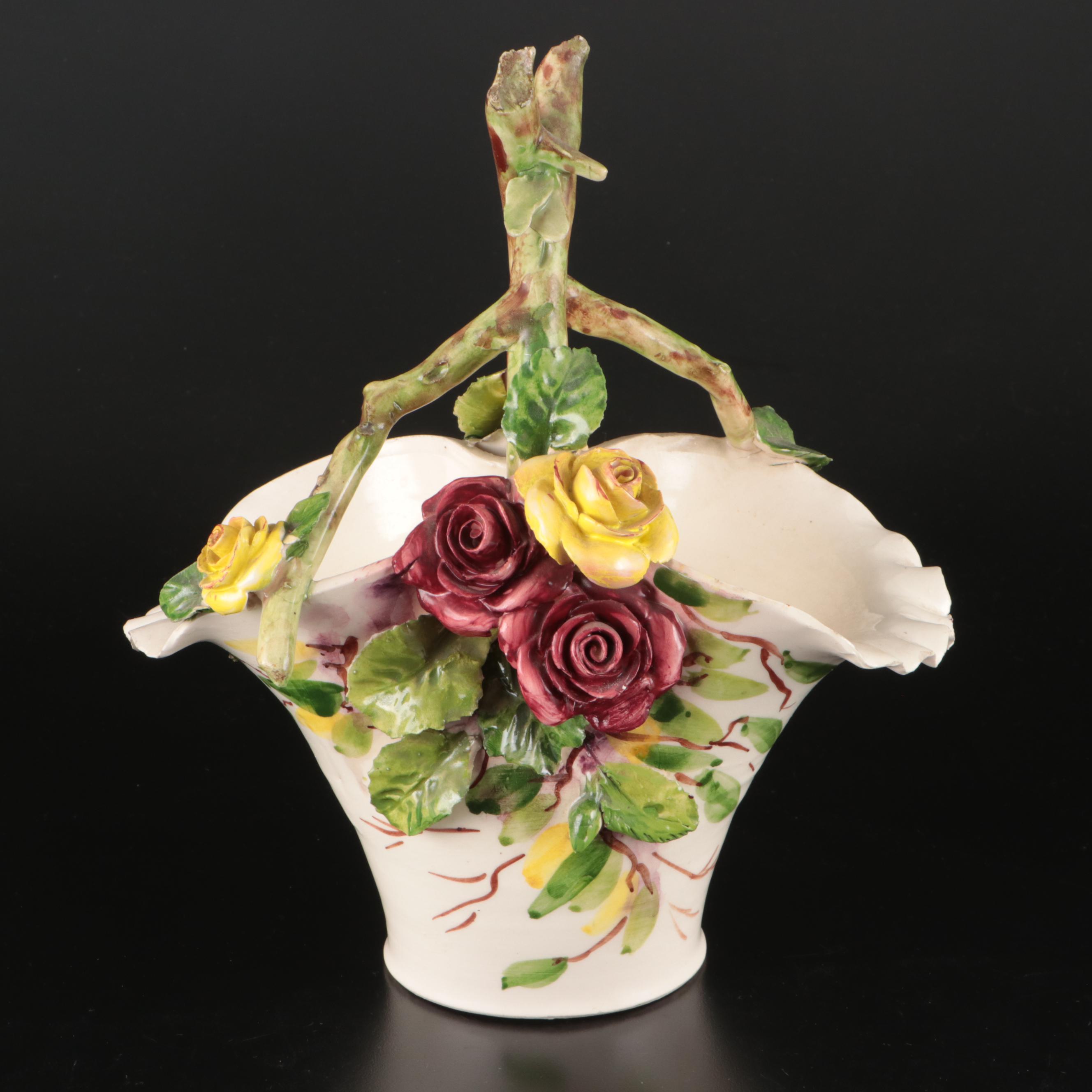 Italian Majolica Plate with Other Floral Ceramic Basket Vase