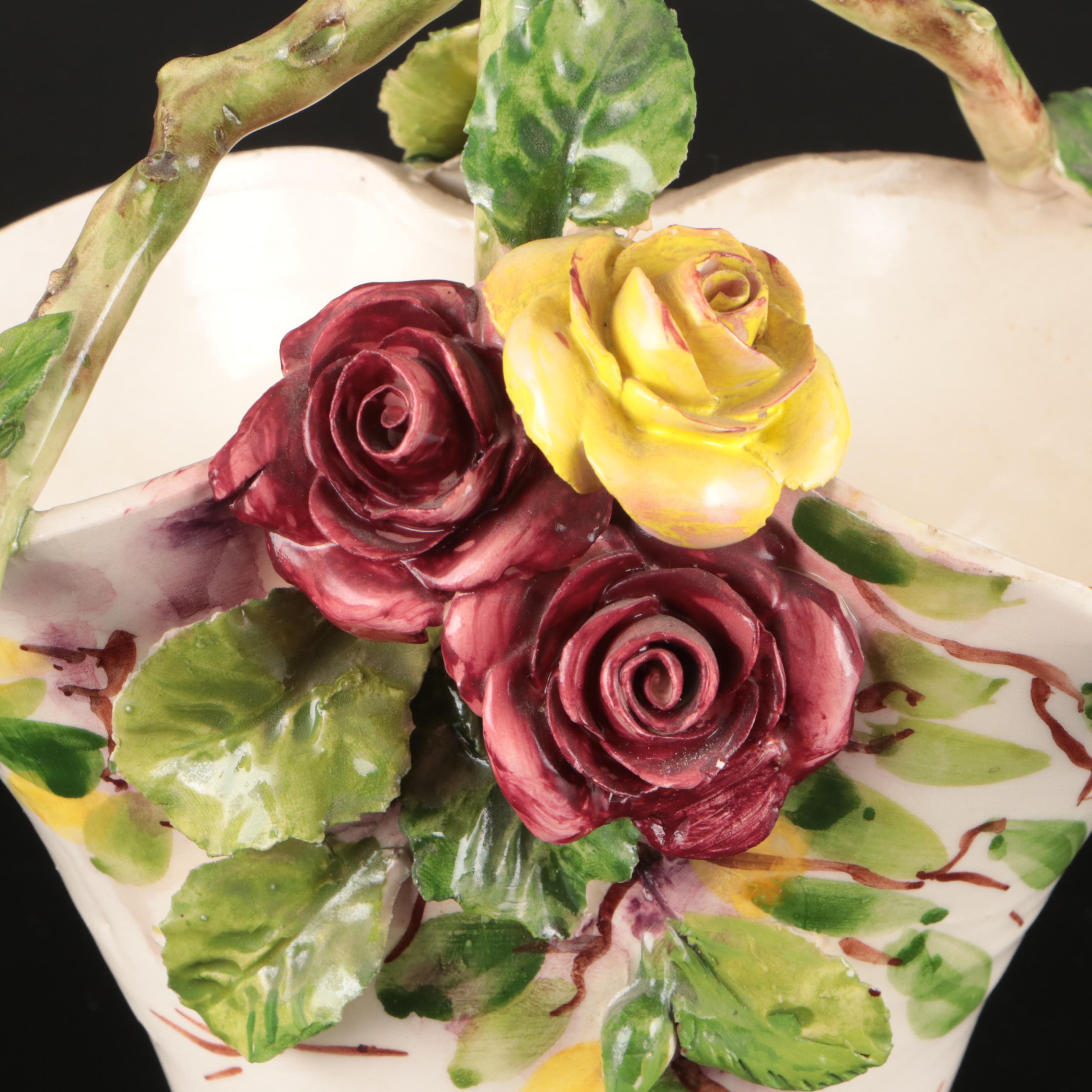 Italian Majolica Plate with Other Floral Ceramic Basket Vase