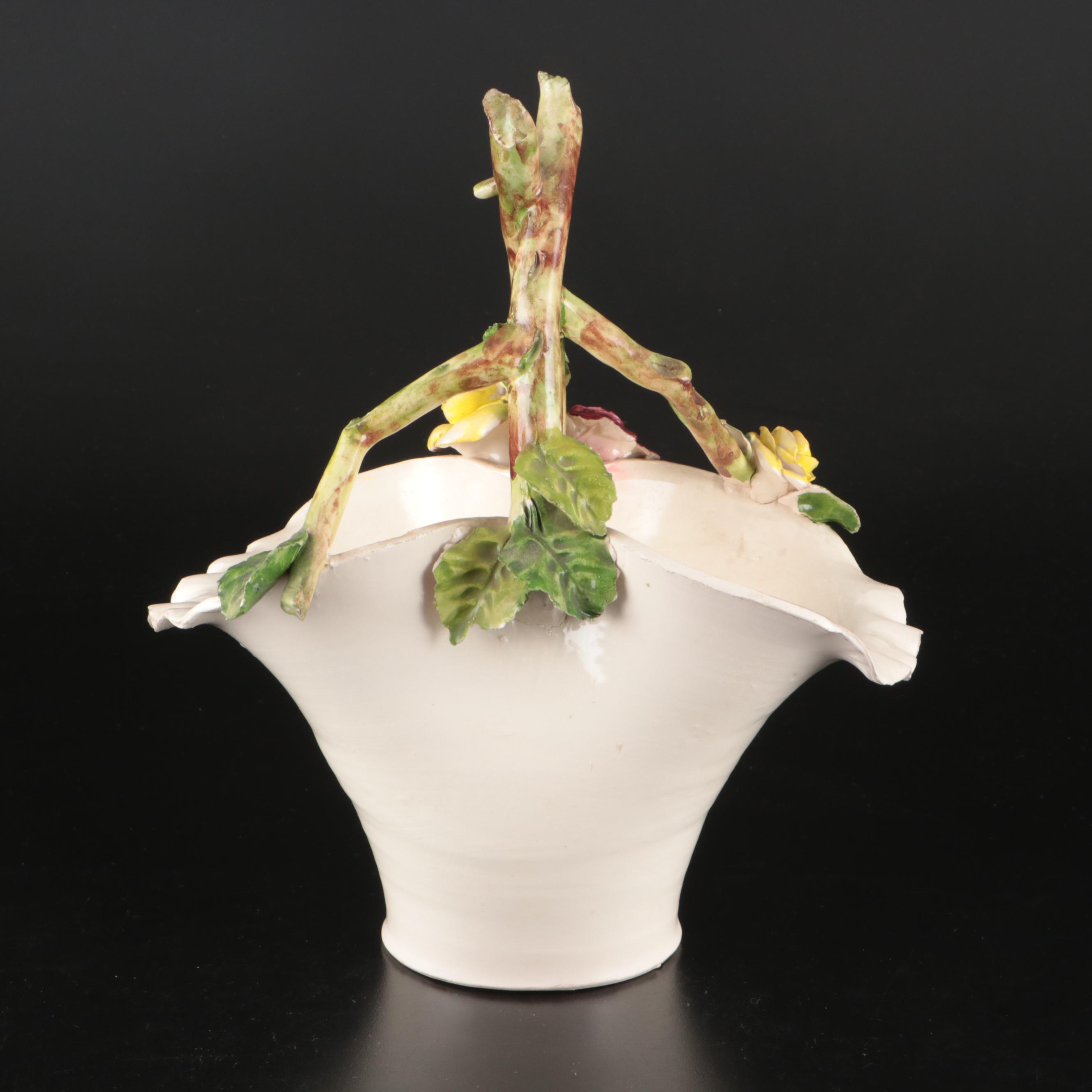 Italian Majolica Plate with Other Floral Ceramic Basket Vase