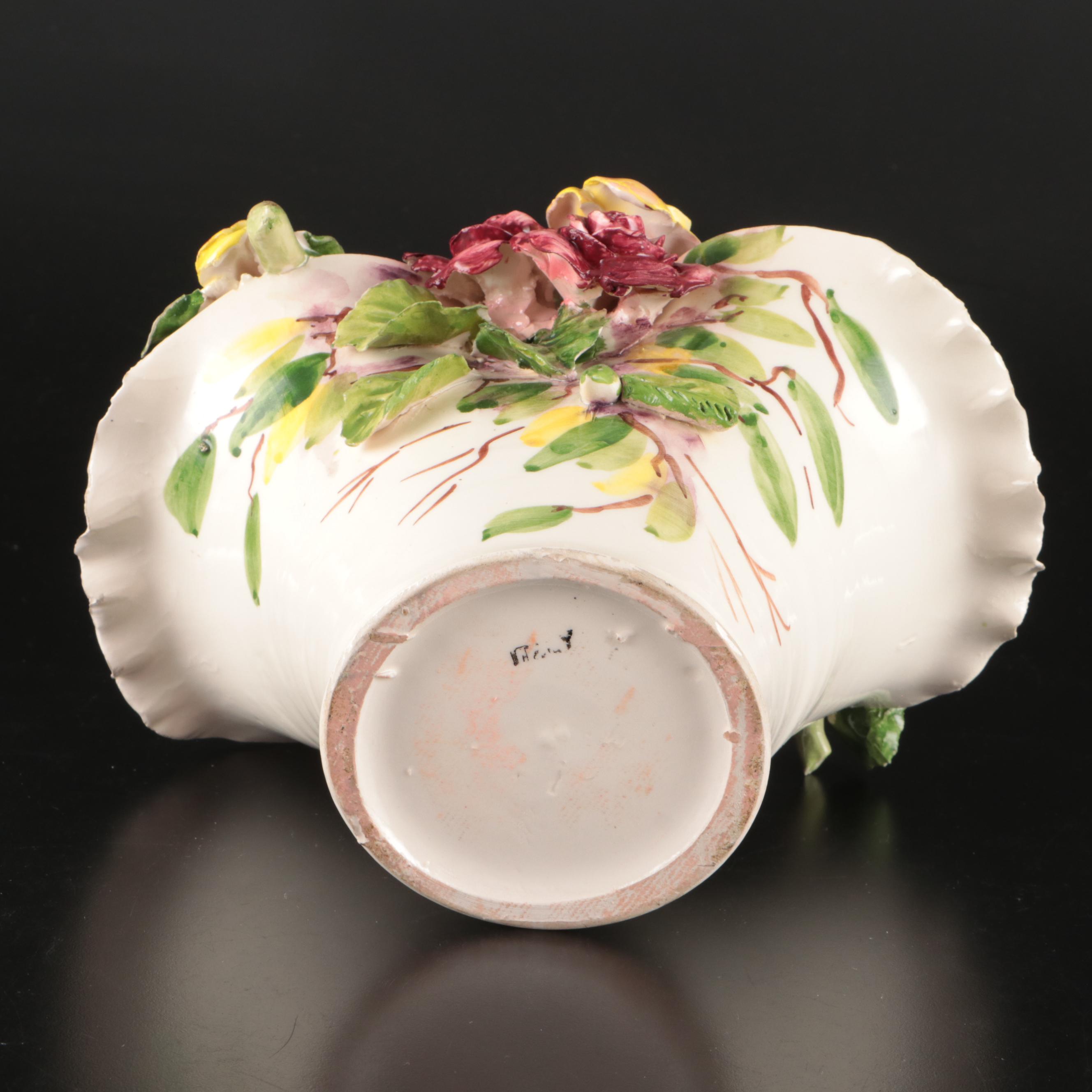 Italian Majolica Plate with Other Floral Ceramic Basket Vase