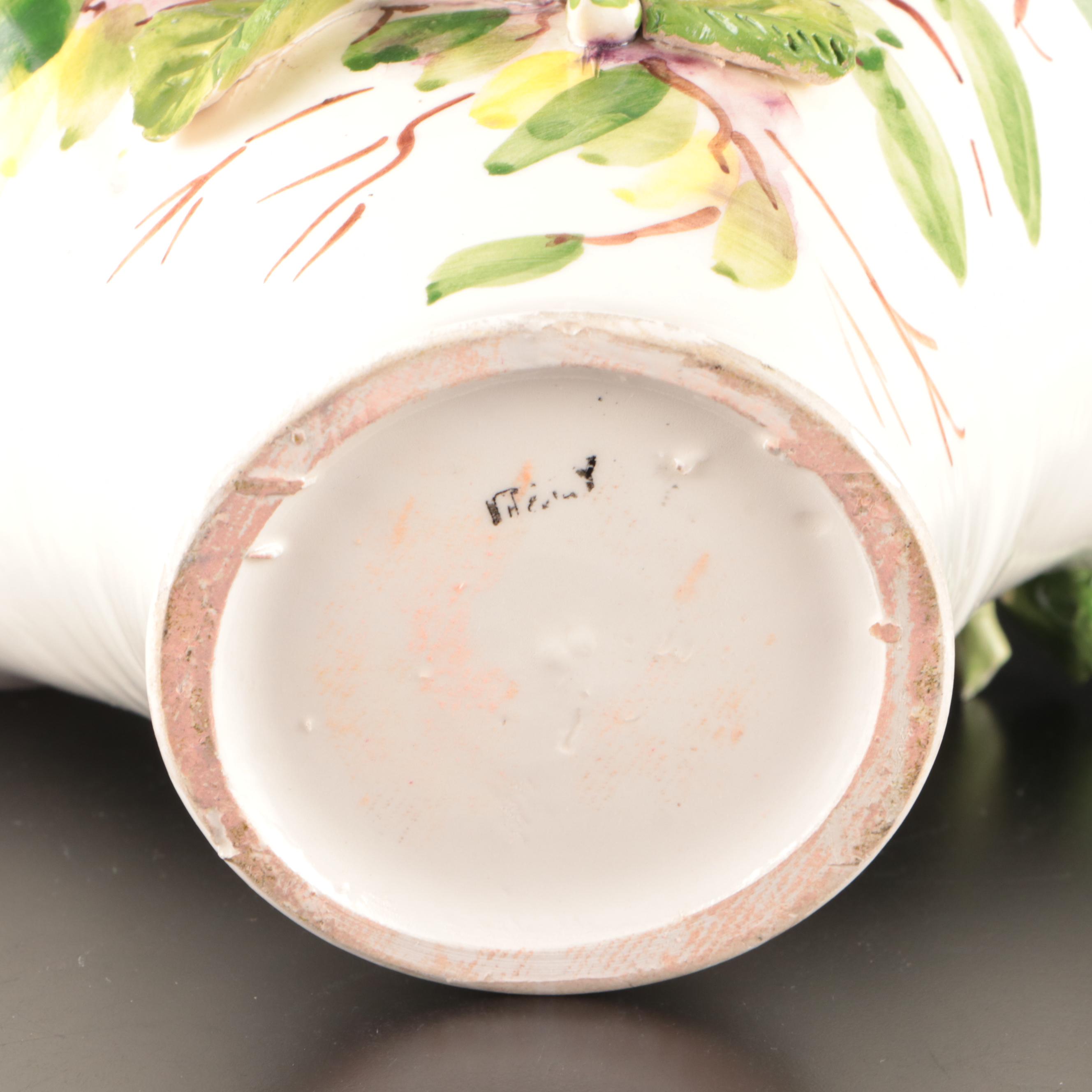 Italian Majolica Plate with Other Floral Ceramic Basket Vase