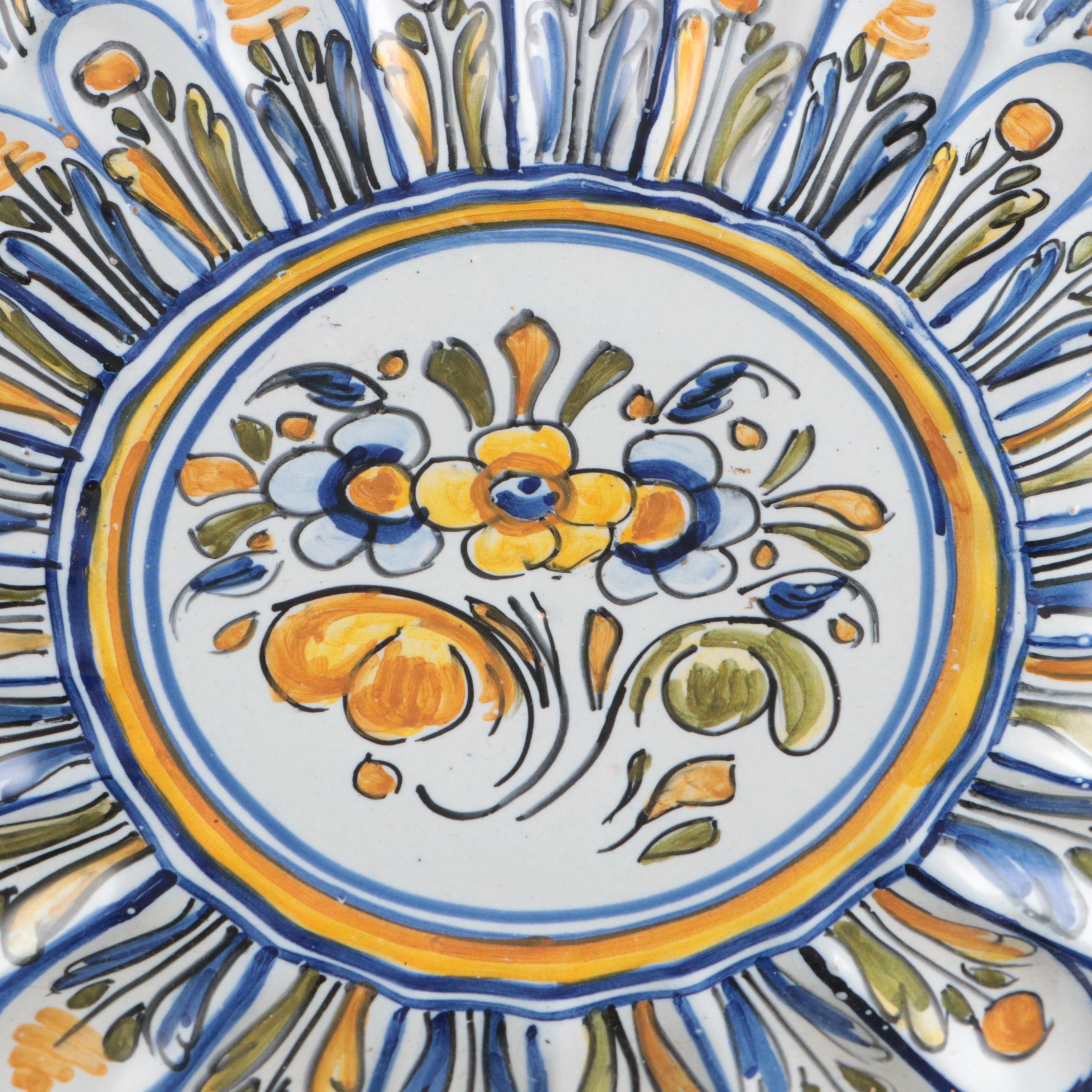 Italian Majolica Plate with Other Floral Ceramic Basket Vase