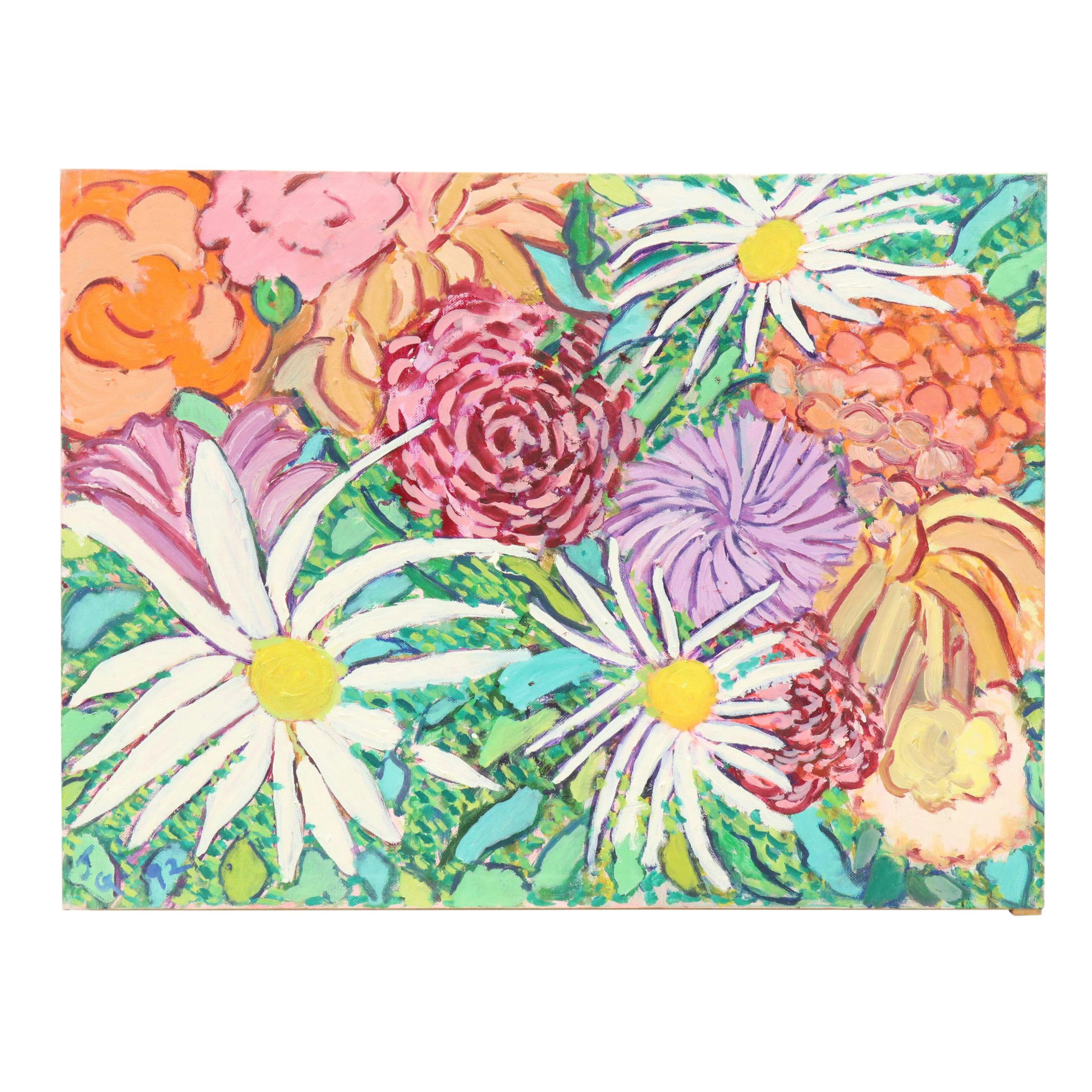 Janice Guttman Acrylic Painting of Stylized Daisies and Other Flowers, 1992