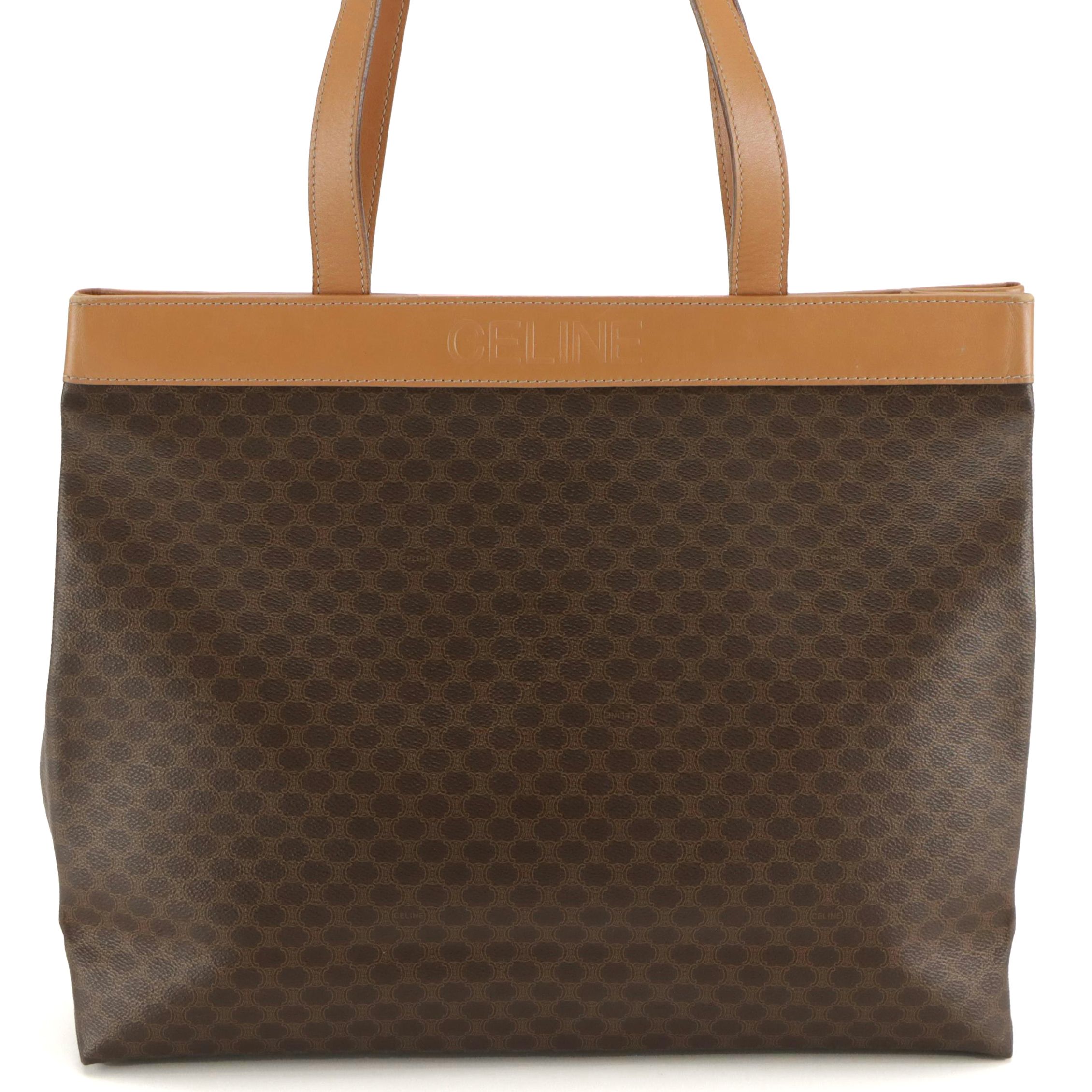 Celine Tote in Dark Brown Macadam Canvas and Brown Leather Trim