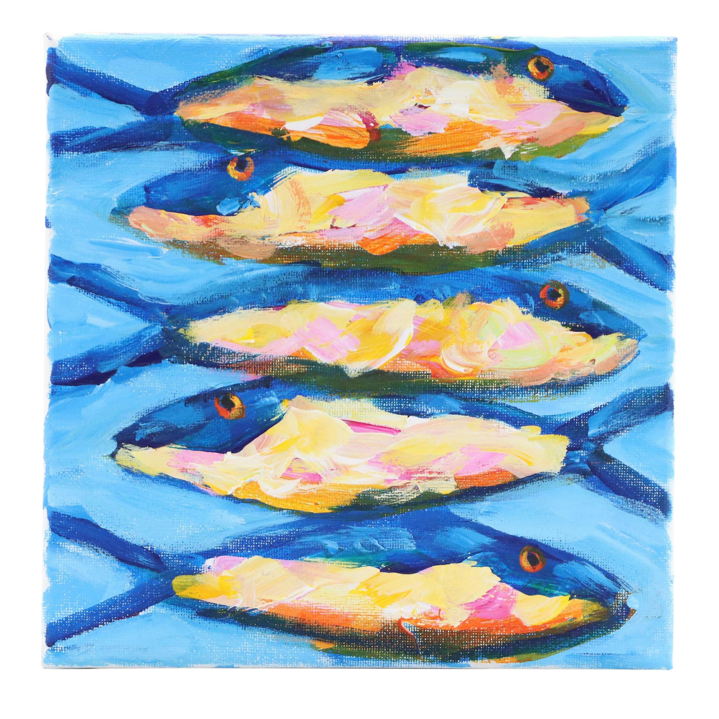 Elle Raines Stylized Acrylic Painting "Sardines," 21st Century