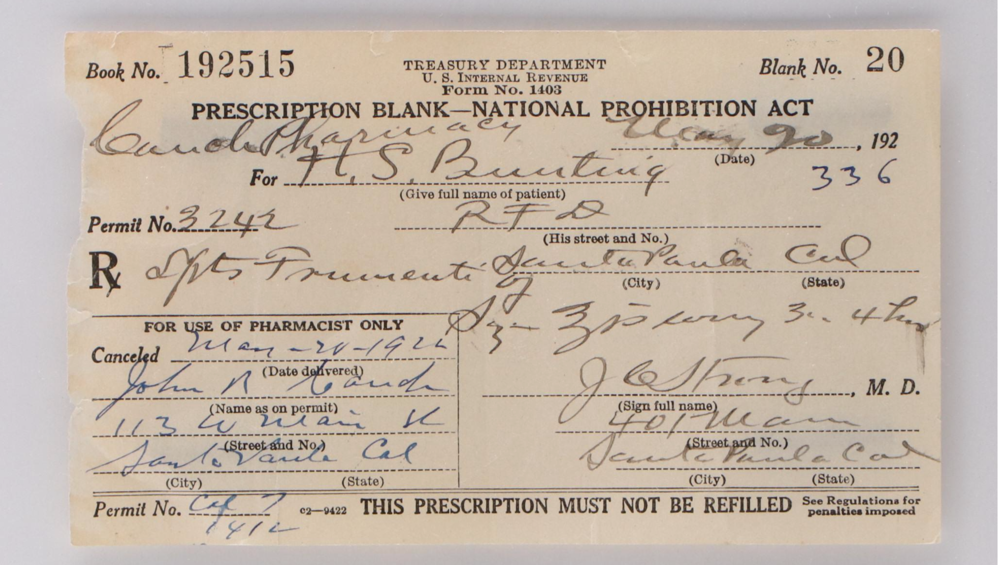 Prohibition Era Prescription Form for Alcohol, 1920s