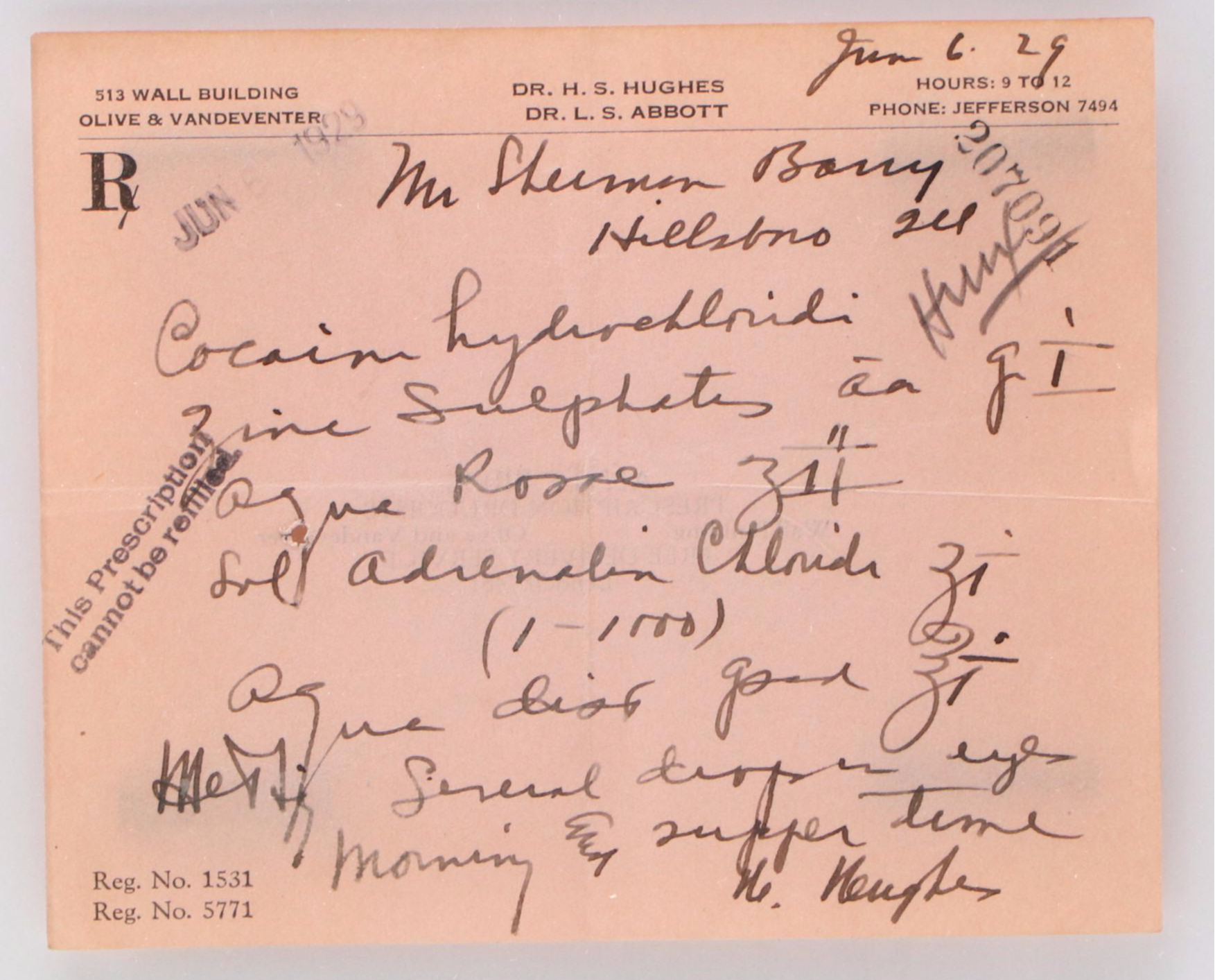 Prescription Form for Cocaine Hydrochloride, 1929