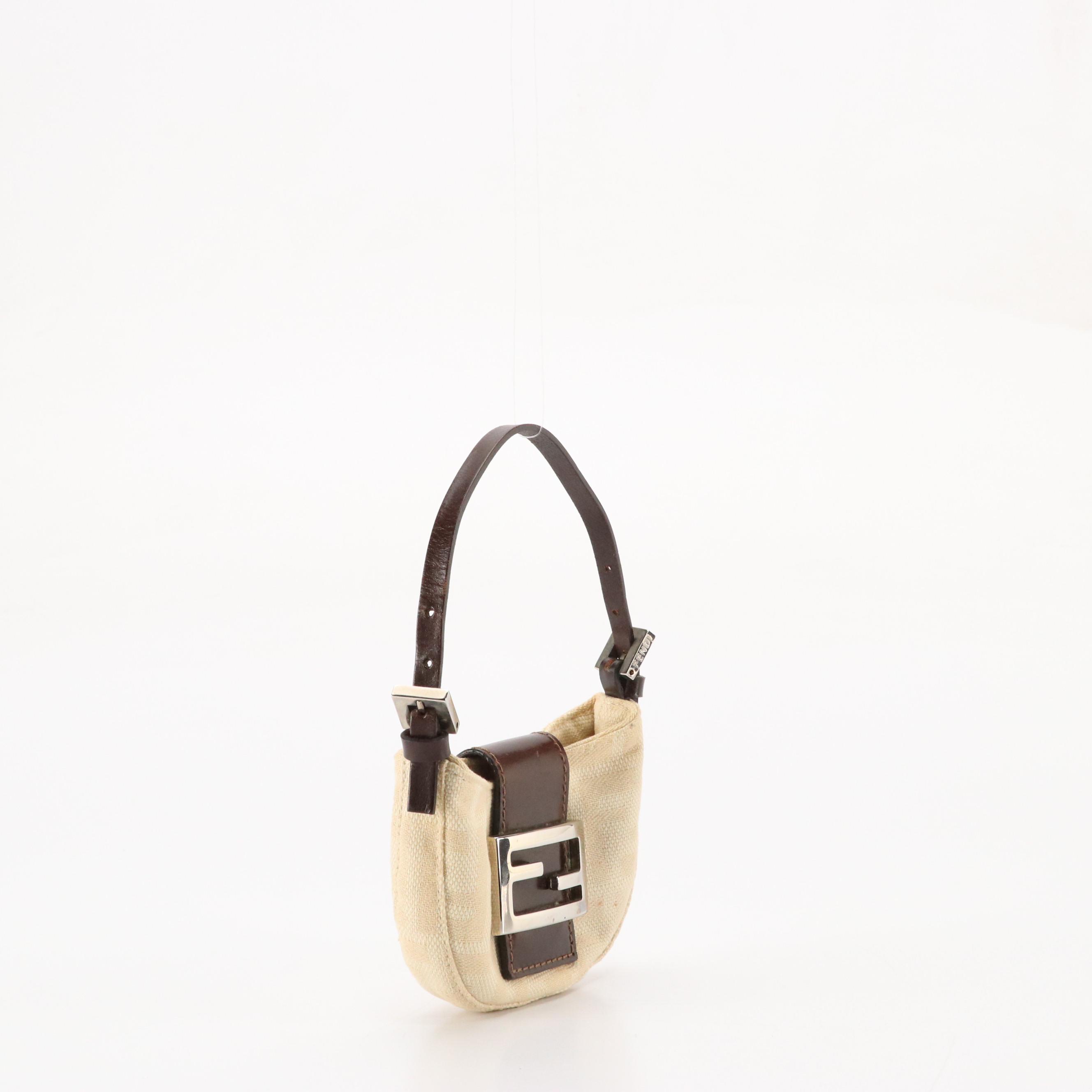 Fendi Micro Mini Croissant Handbag in Beige Zucca Canvas and Brown Leather