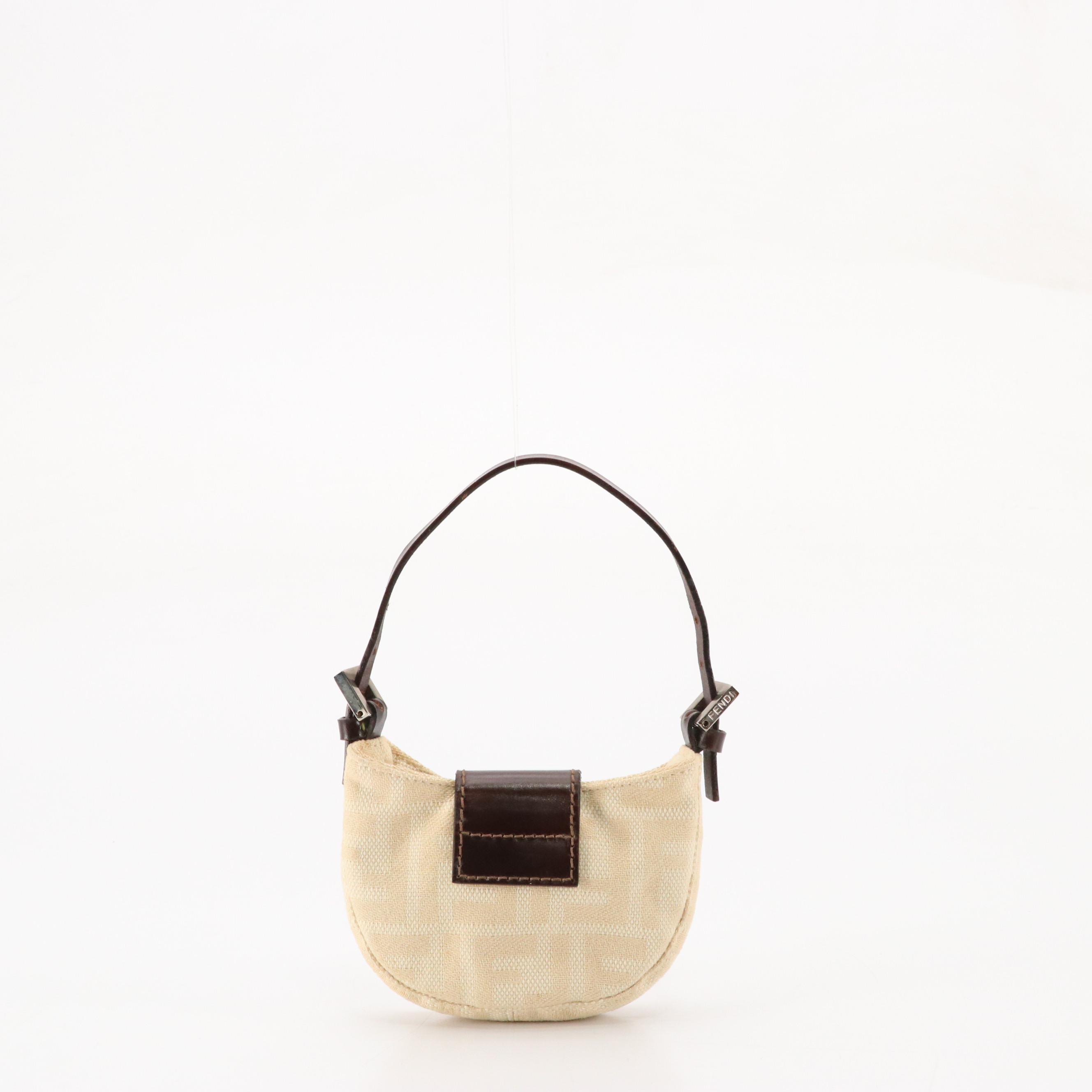 Fendi Micro Mini Croissant Handbag in Beige Zucca Canvas and Brown Leather