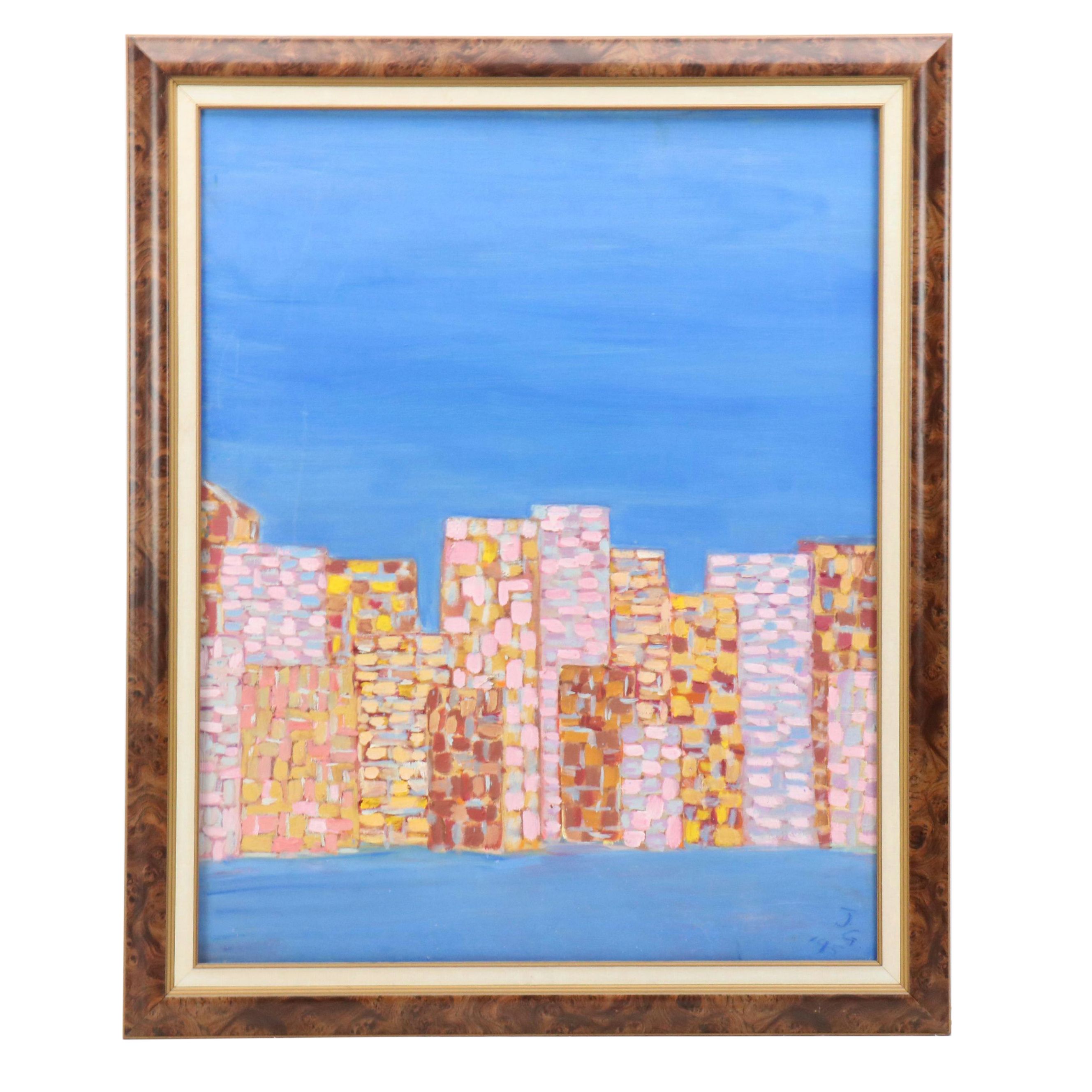 Janice Guttman Abstract Cityscape Acrylic Painting  "Class," 1995