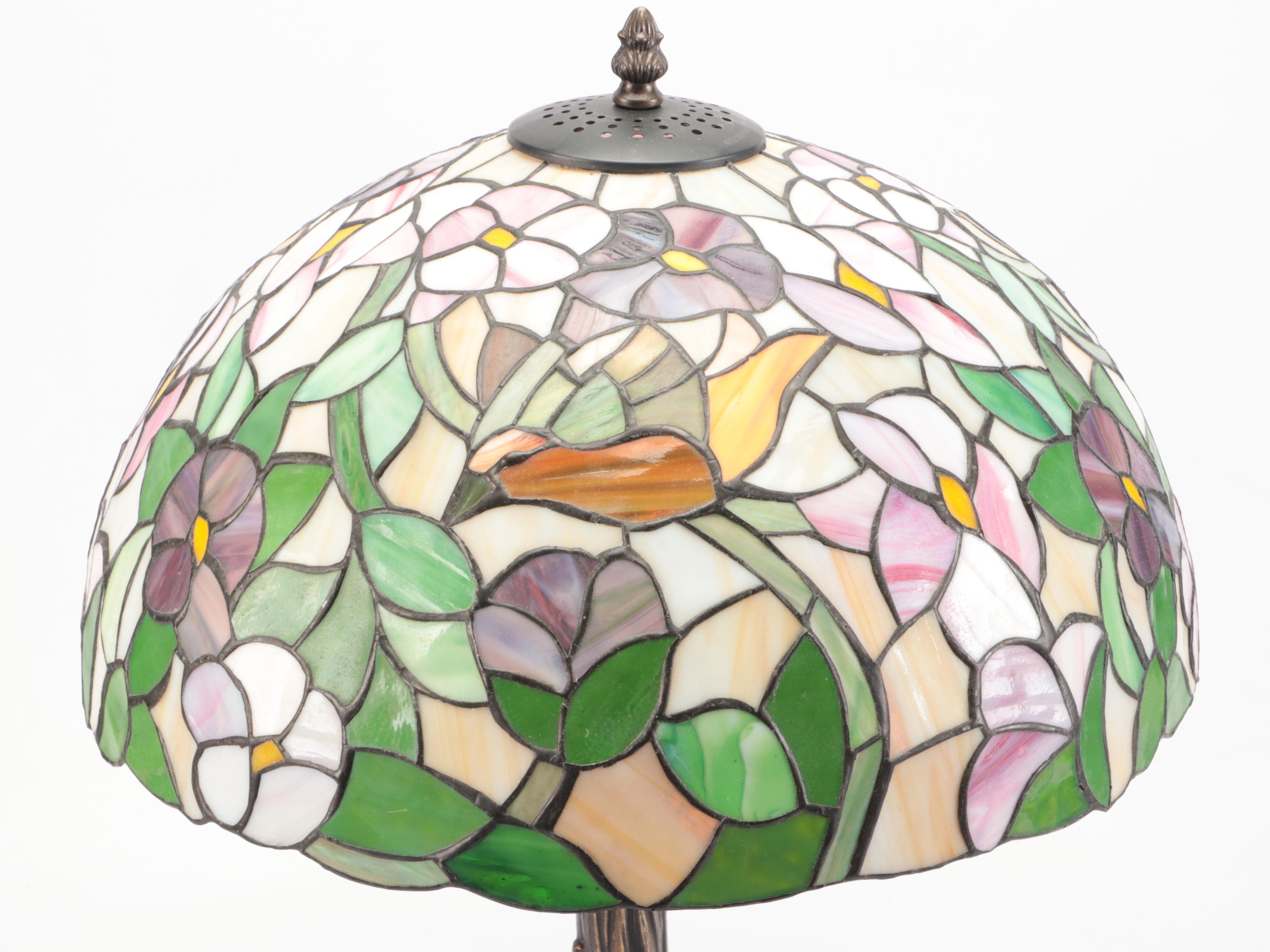 Art Nouveau Tree Stump Floral Slag Glass Table Lamp