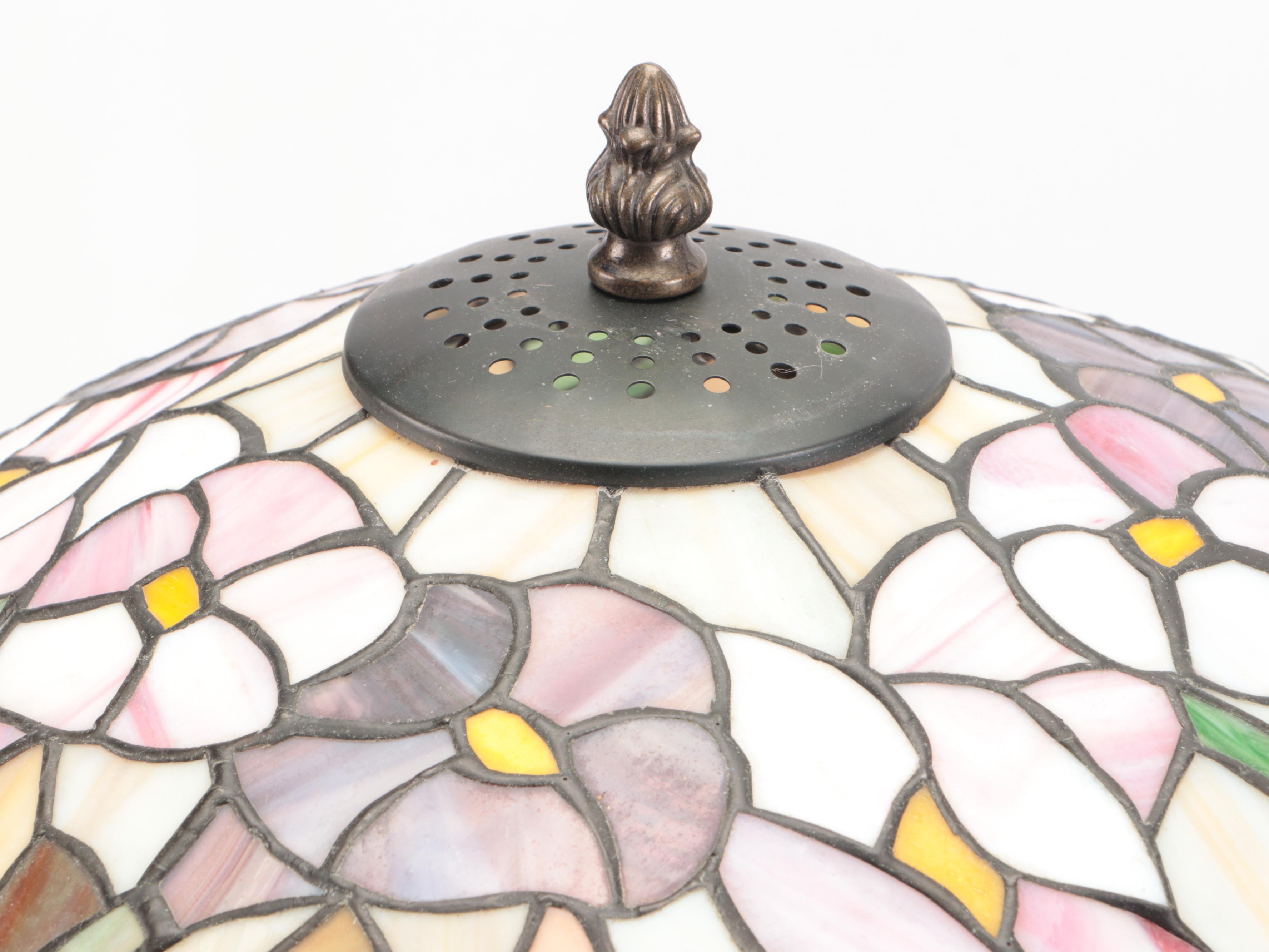 Art Nouveau Tree Stump Floral Slag Glass Table Lamp