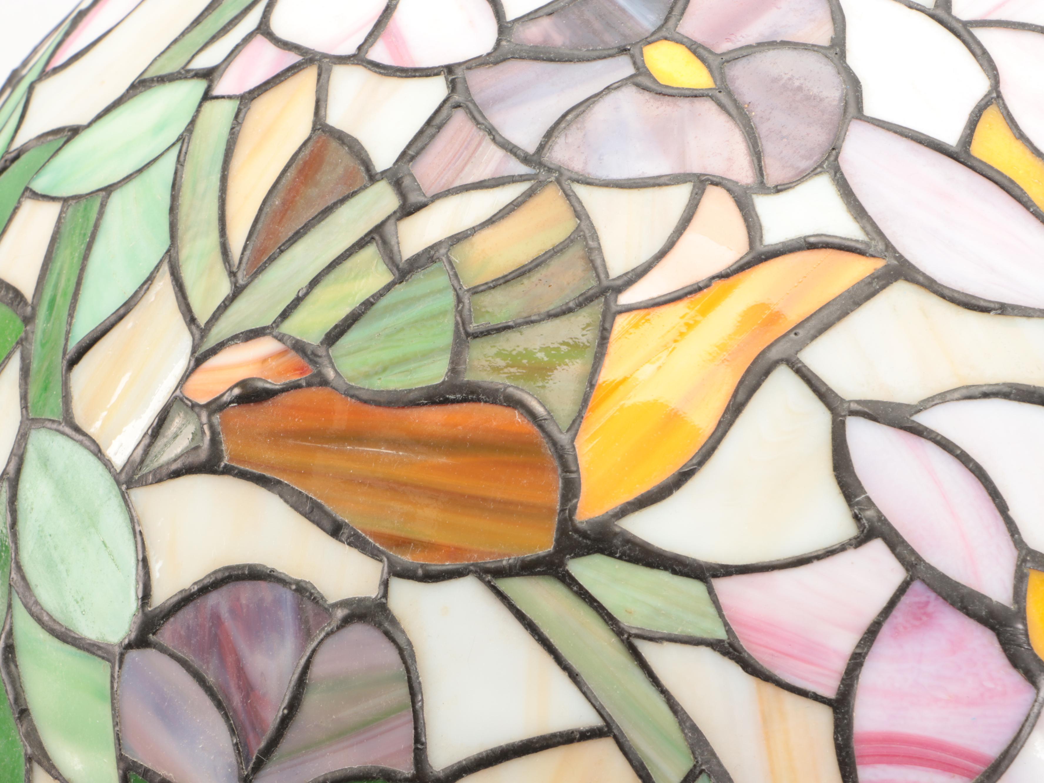 Art Nouveau Tree Stump Floral Slag Glass Table Lamp