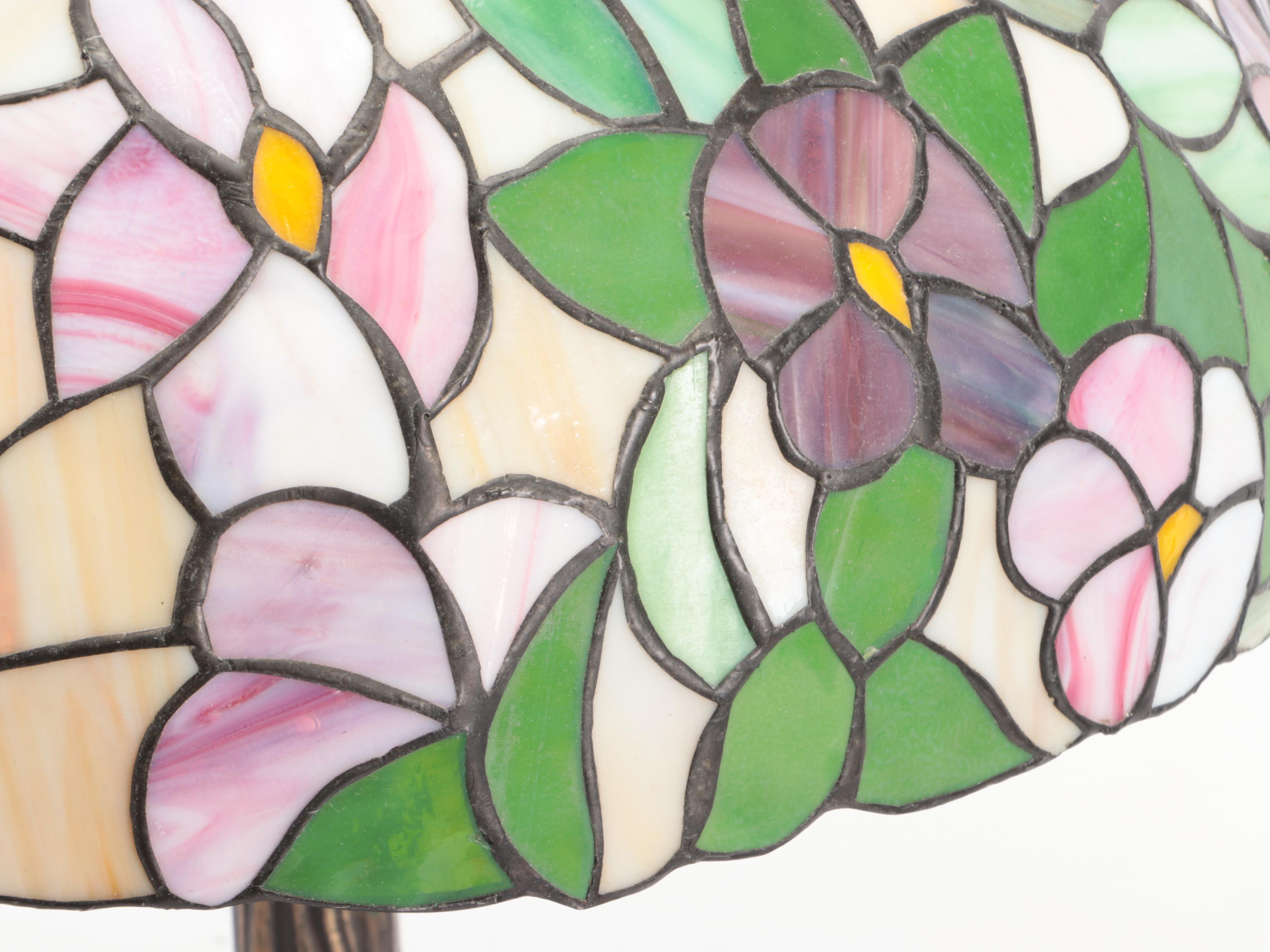 Art Nouveau Tree Stump Floral Slag Glass Table Lamp