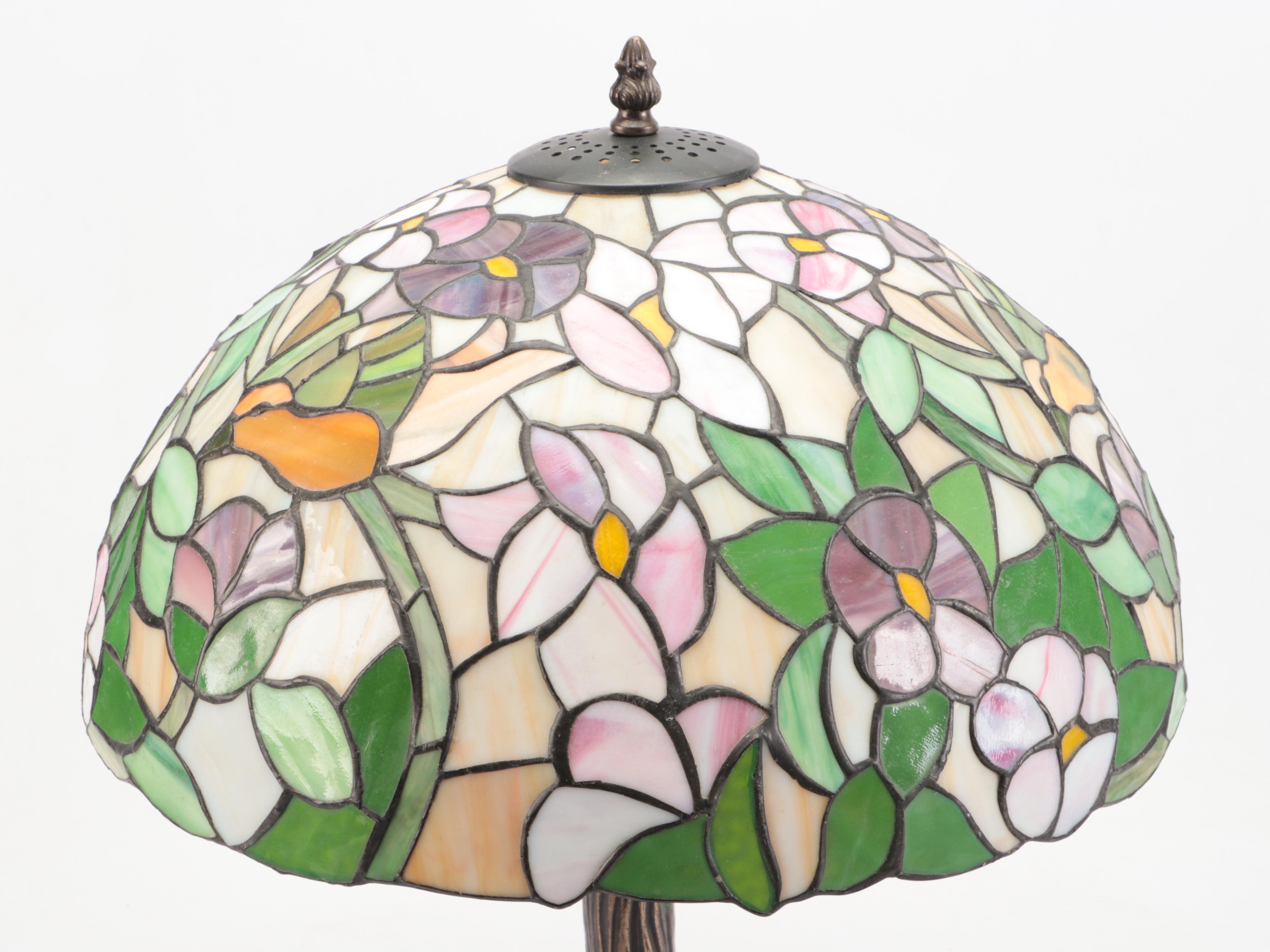 Art Nouveau Tree Stump Floral Slag Glass Table Lamp