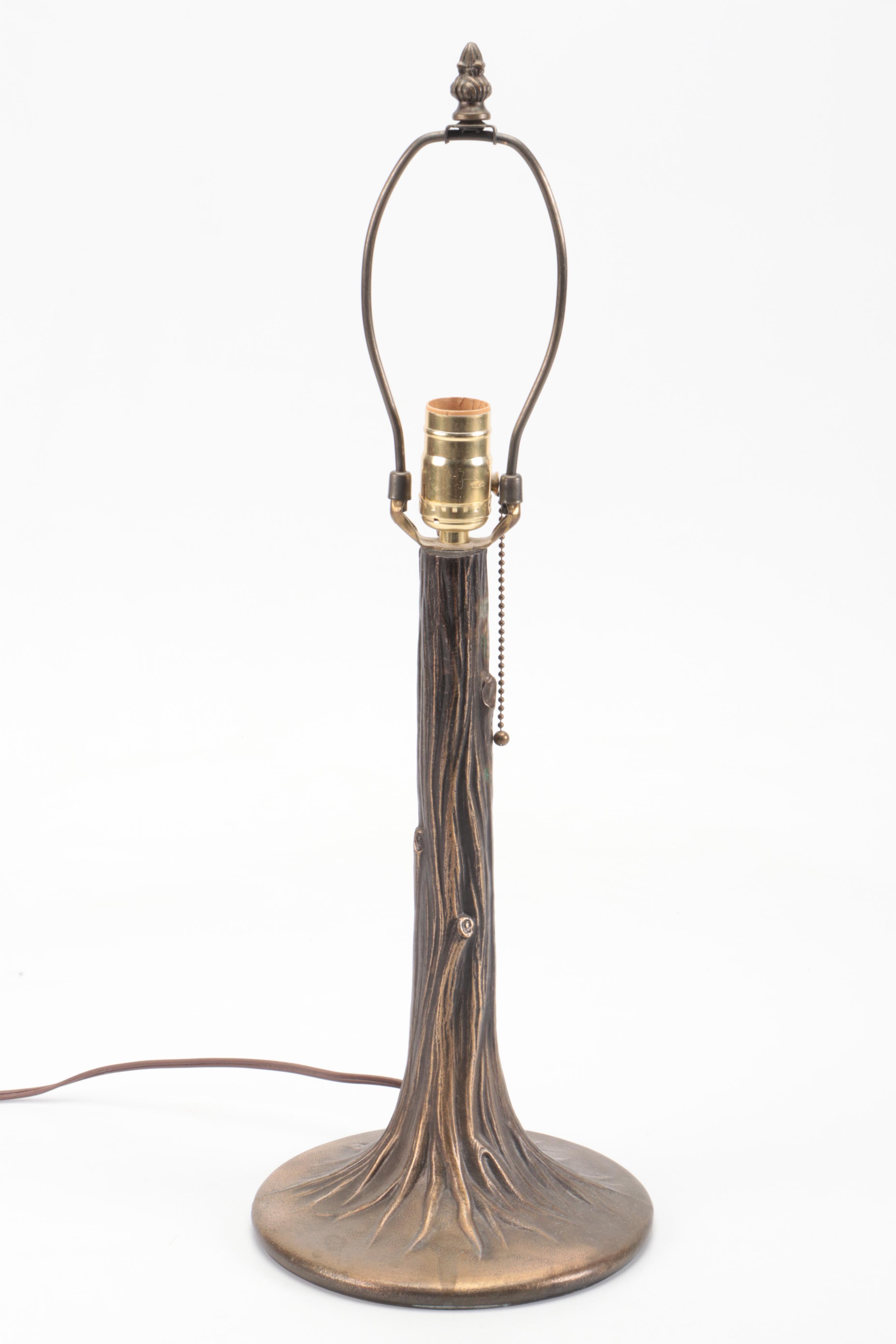 Art Nouveau Tree Stump Floral Slag Glass Table Lamp