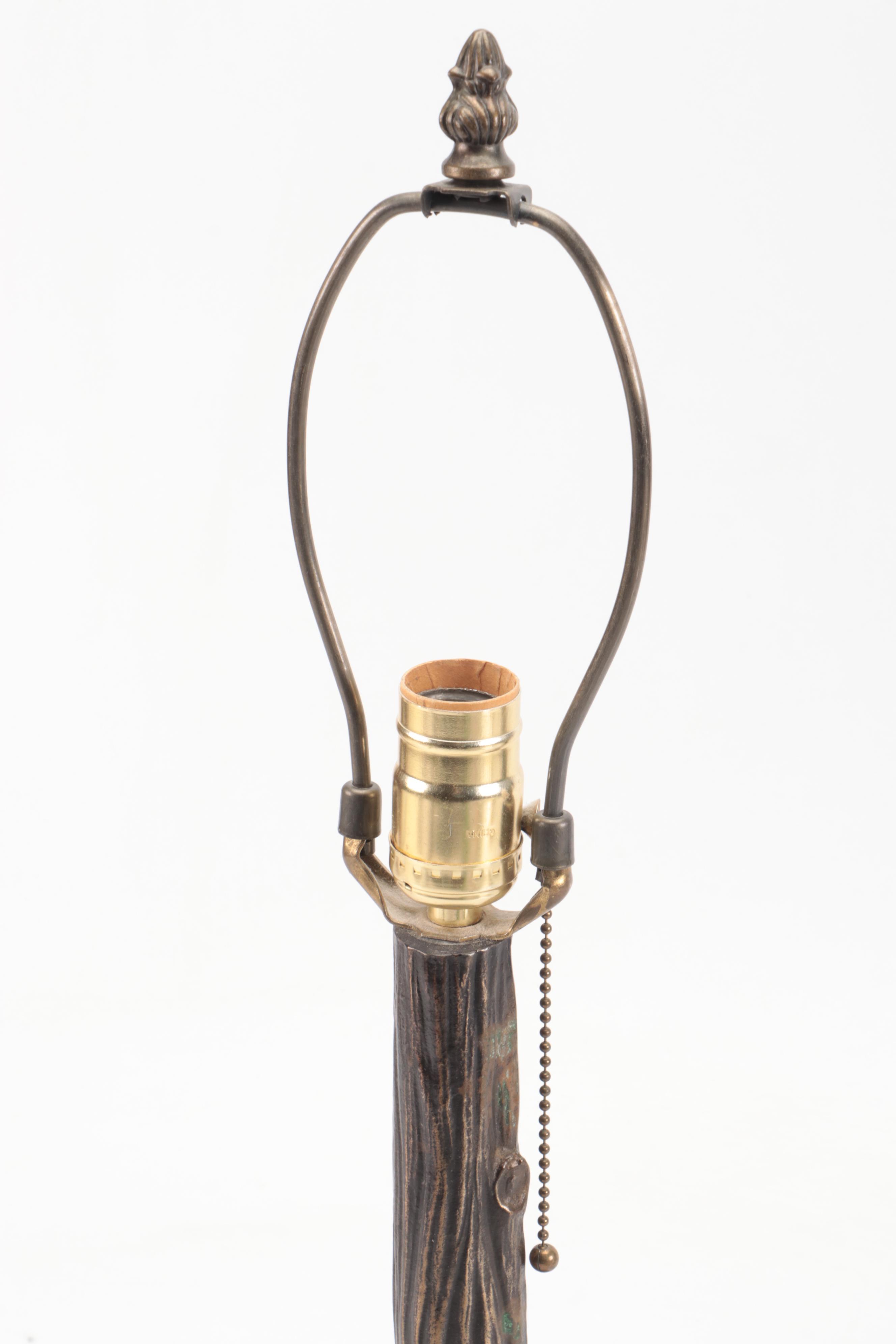 Art Nouveau Tree Stump Floral Slag Glass Table Lamp