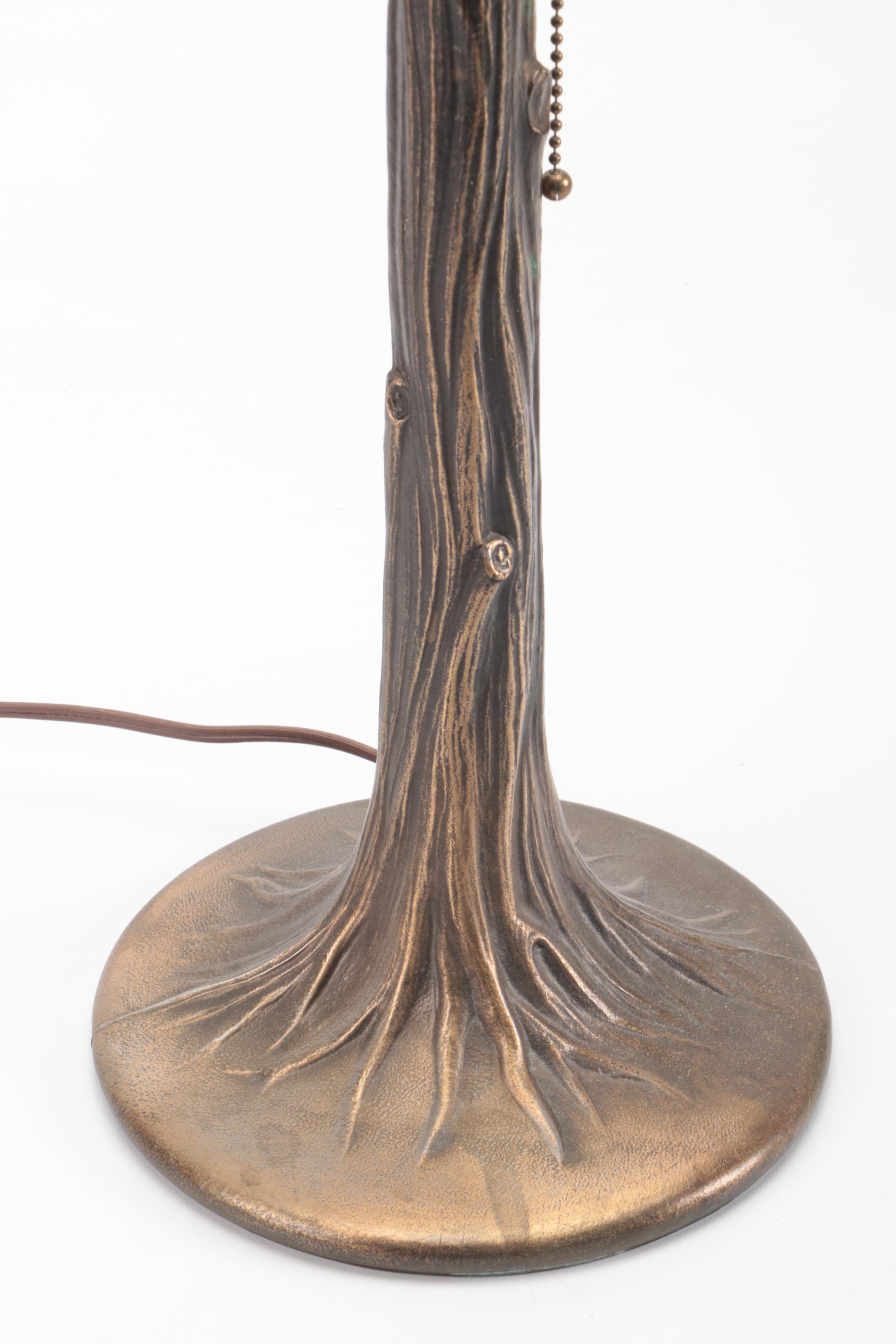 Art Nouveau Tree Stump Floral Slag Glass Table Lamp