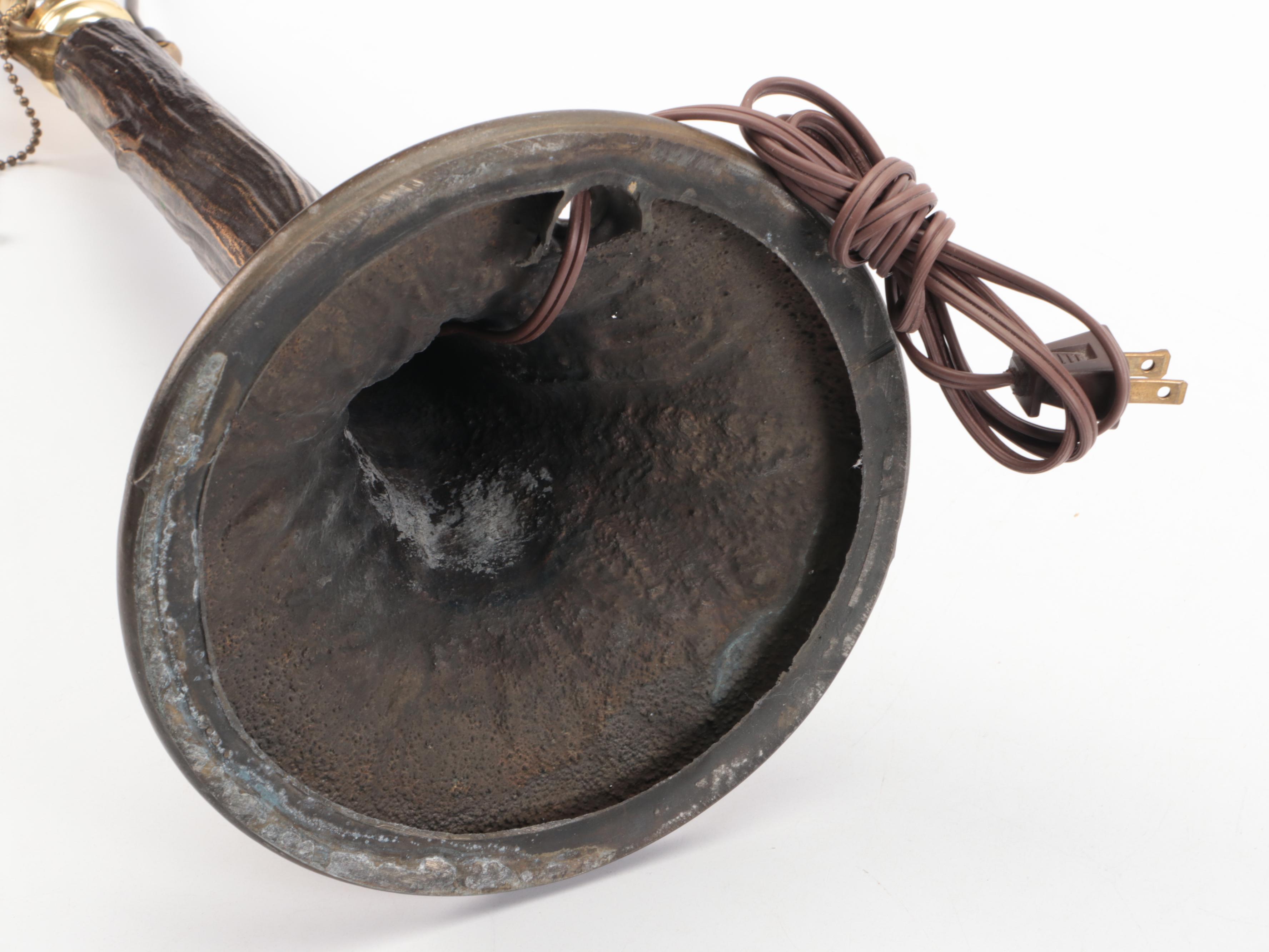 Art Nouveau Tree Stump Floral Slag Glass Table Lamp