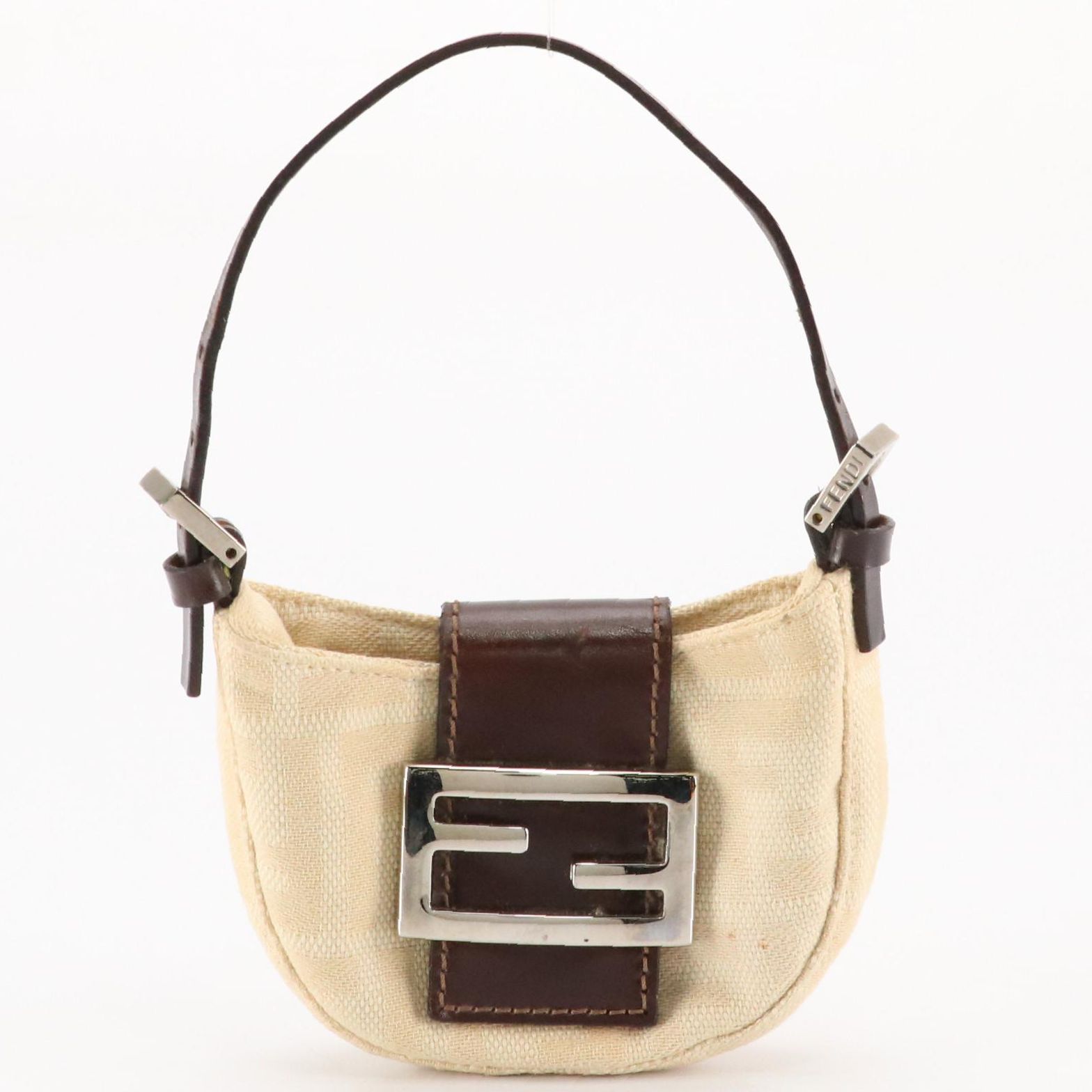 Fendi Micro Mini Croissant Handbag in Beige Zucca Canvas and Brown Leather
