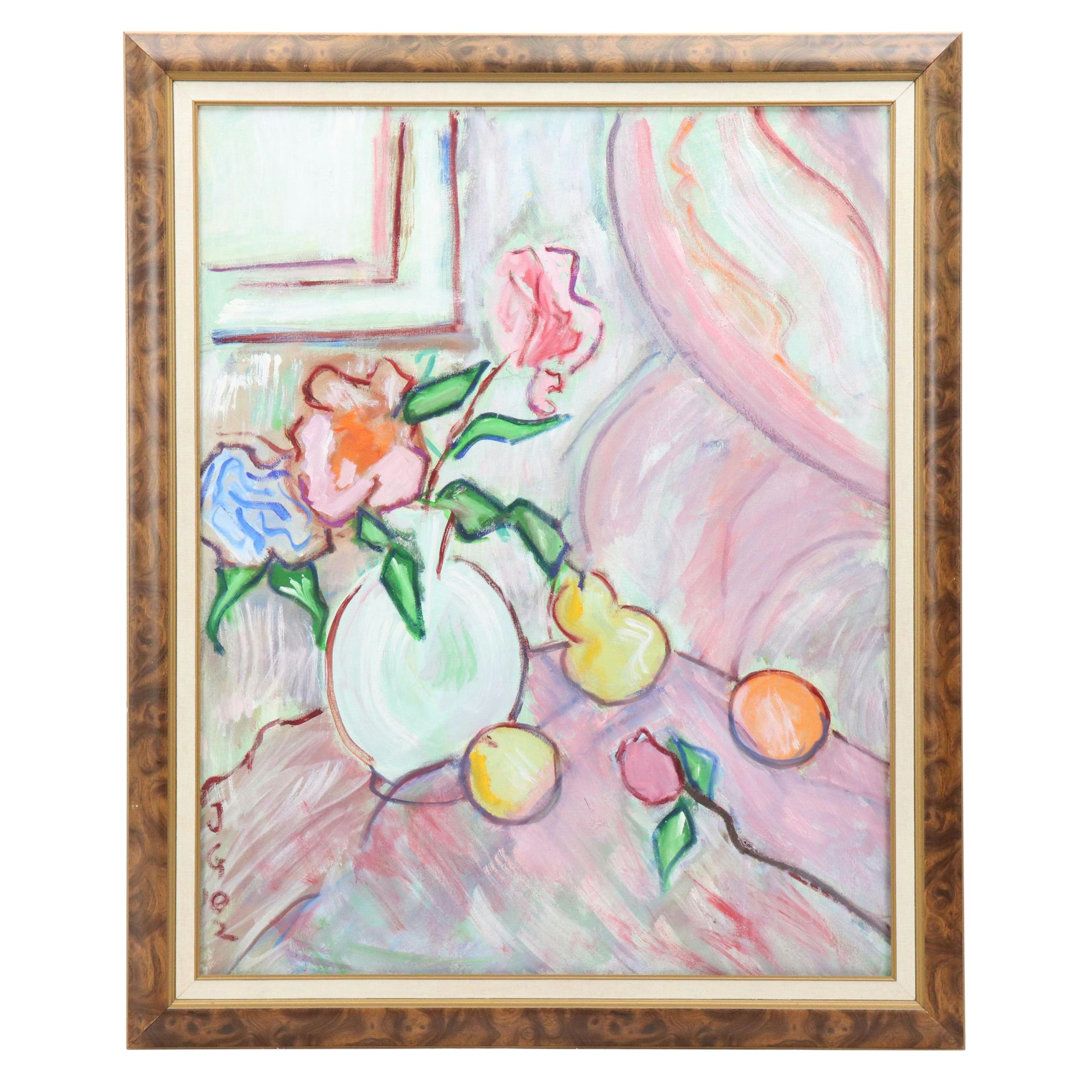 Janice Guttman Acrylic Still Life Painting with Fruit and Flowers, 2002