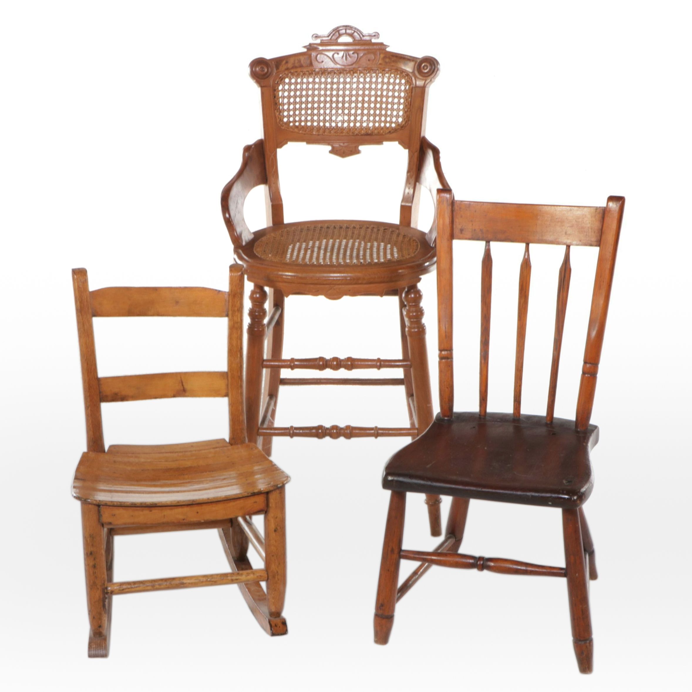 Victorian Carved Walnut High Chair with Woven Cane Seat and Two Other Chairs