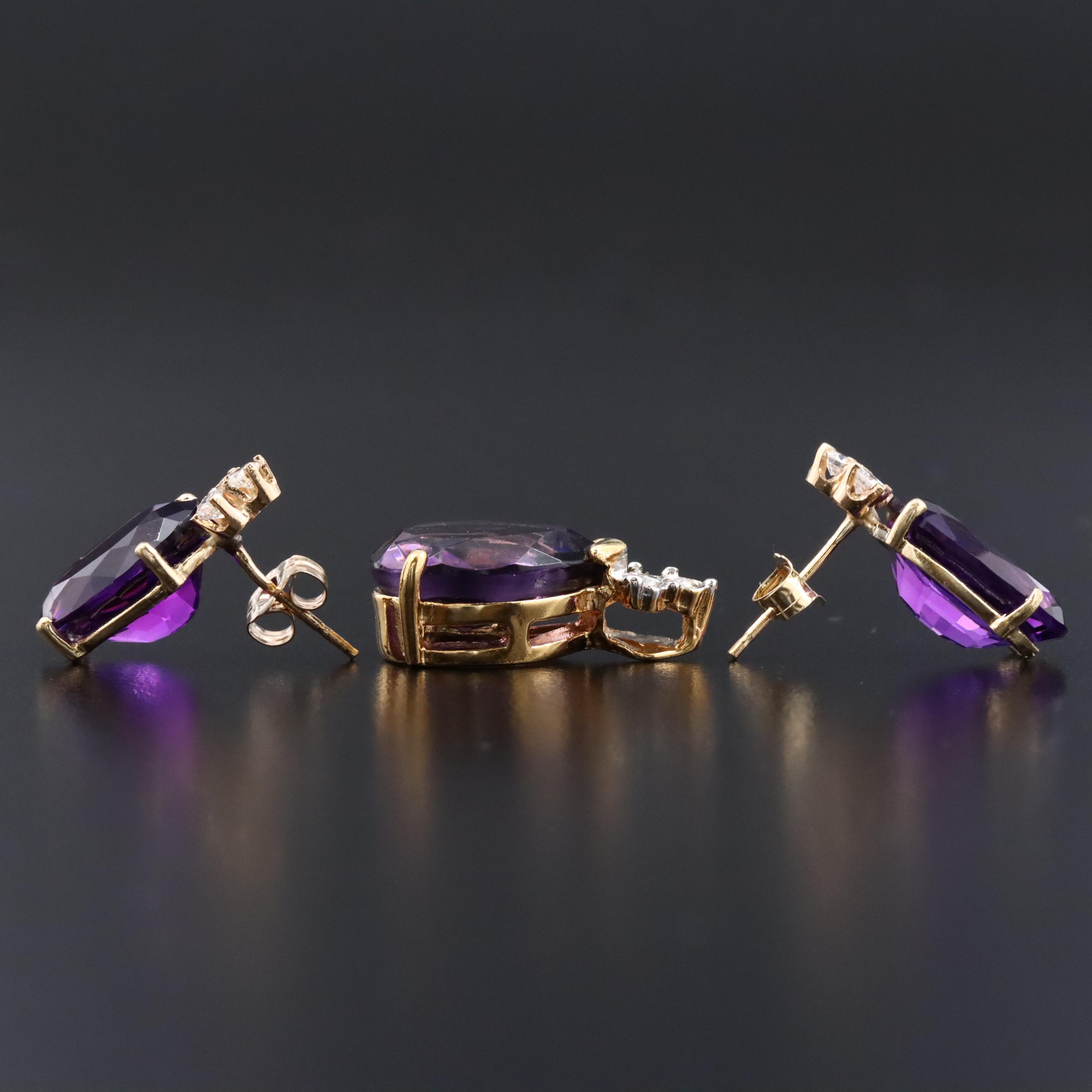 14K Amethyst and Diamond Earrings and Gold-Filled Faux Gemstone Pendant