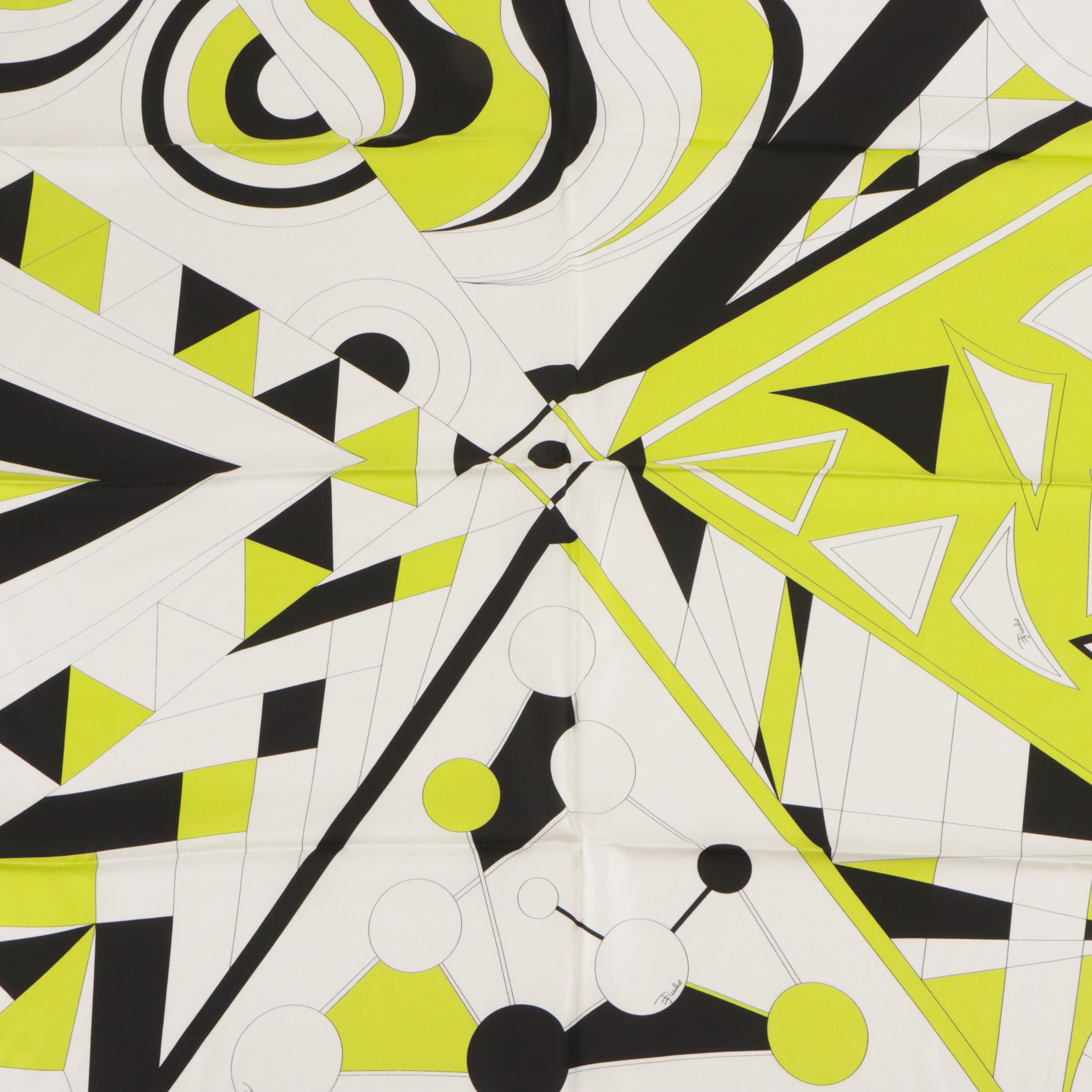 Emilio Pucci Green, White and Black Abstract Printed Silk Scarf, With Tag