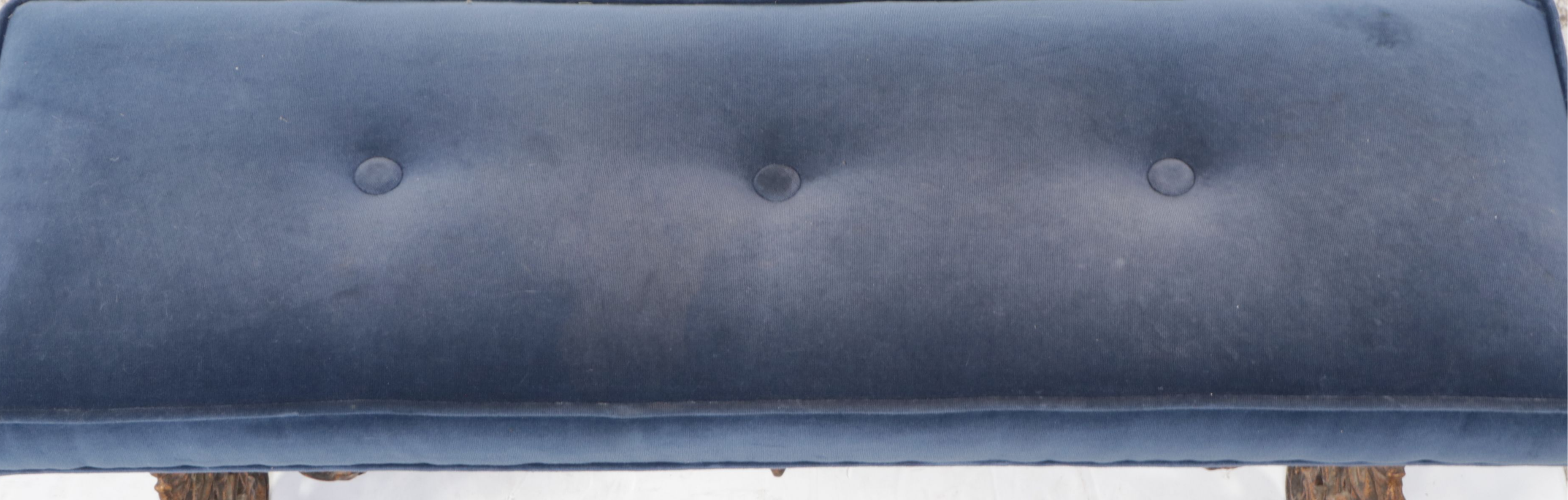 Antique Cast Iron and Button-Tufted Velvet Bench