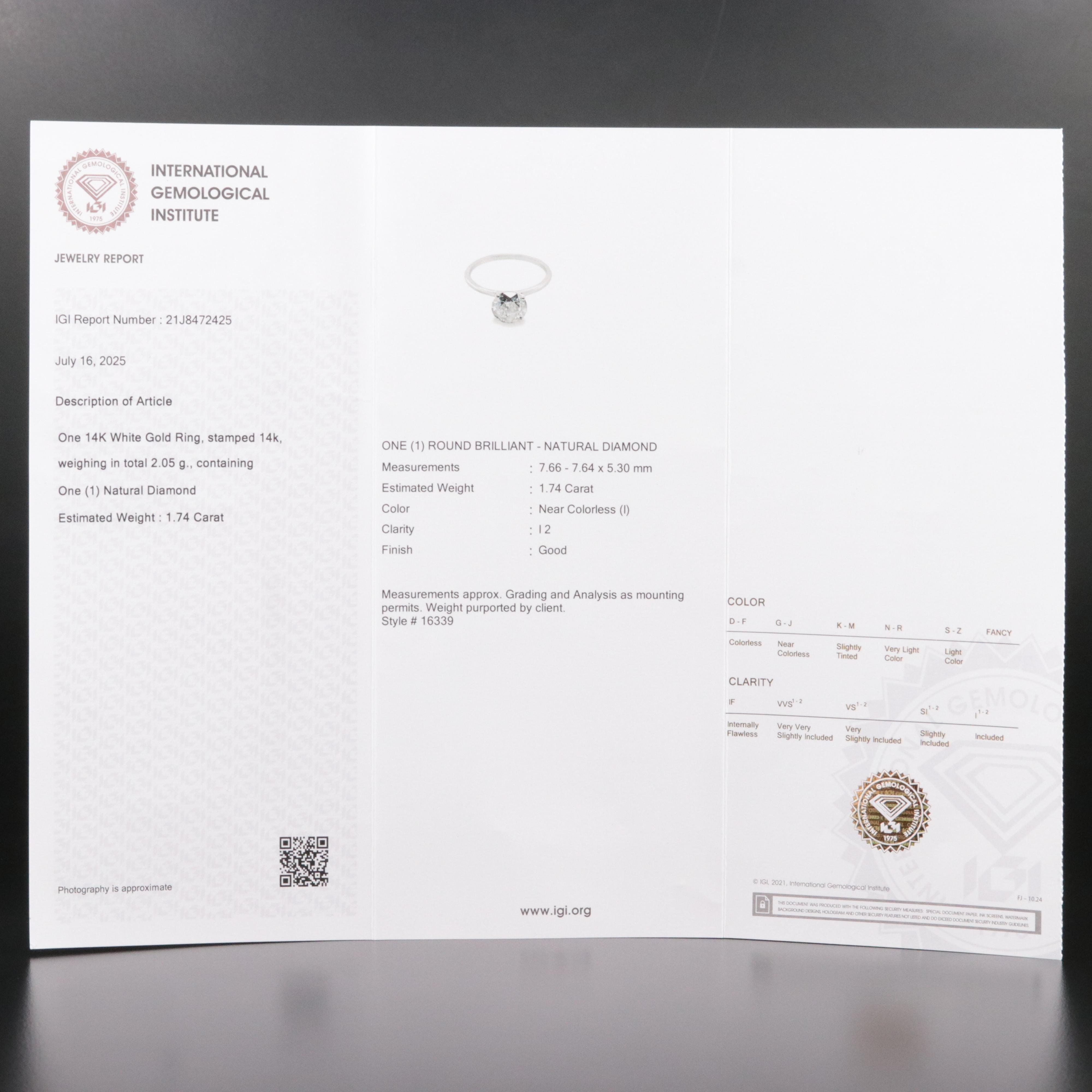 14K 1.74 CT Diamond Solitaire Ring with IGI Report