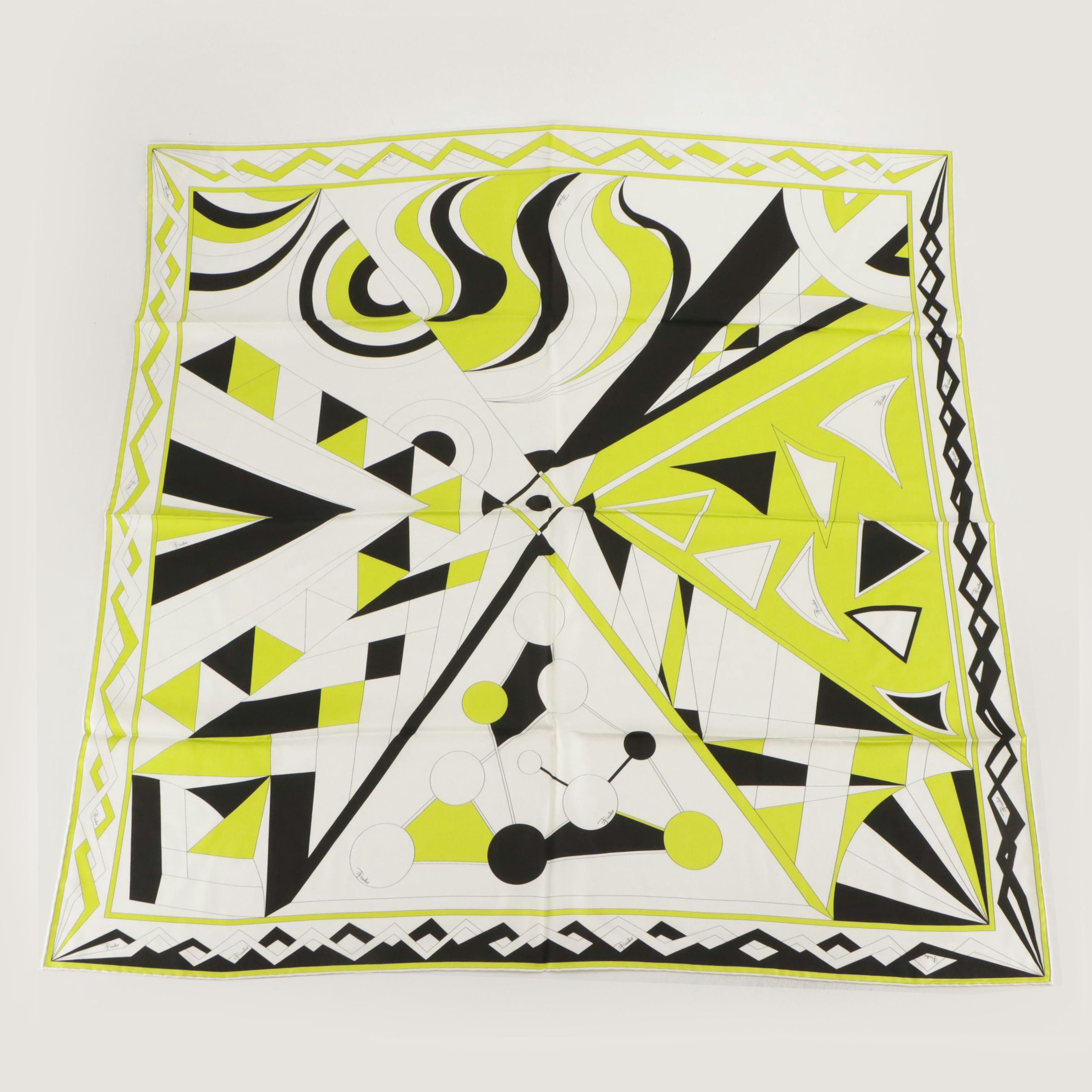 Emilio Pucci Green, White and Black Abstract Printed Silk Scarf, With Tag
