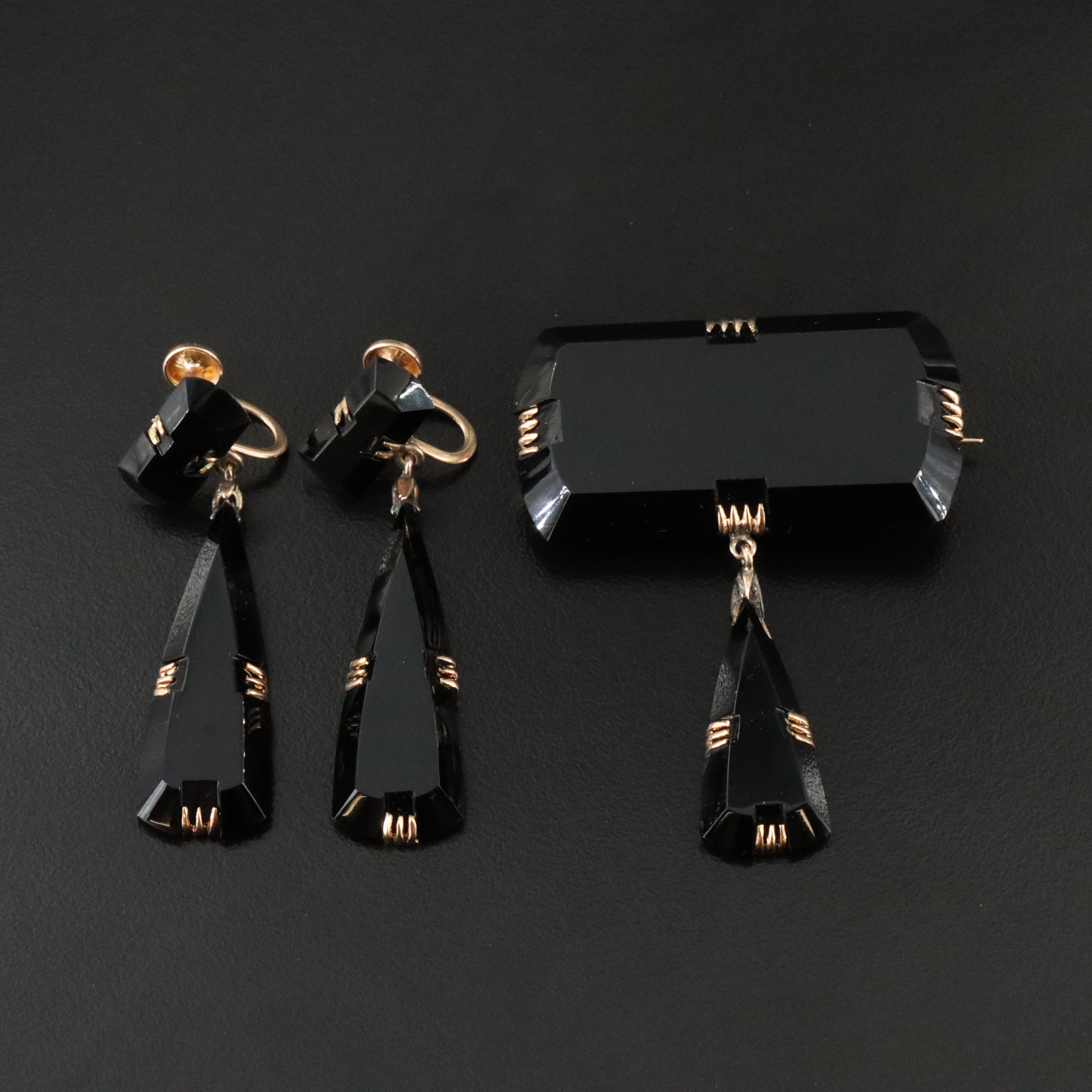 Victorian 10K Black Onyx Mourning Brooch and Earrings