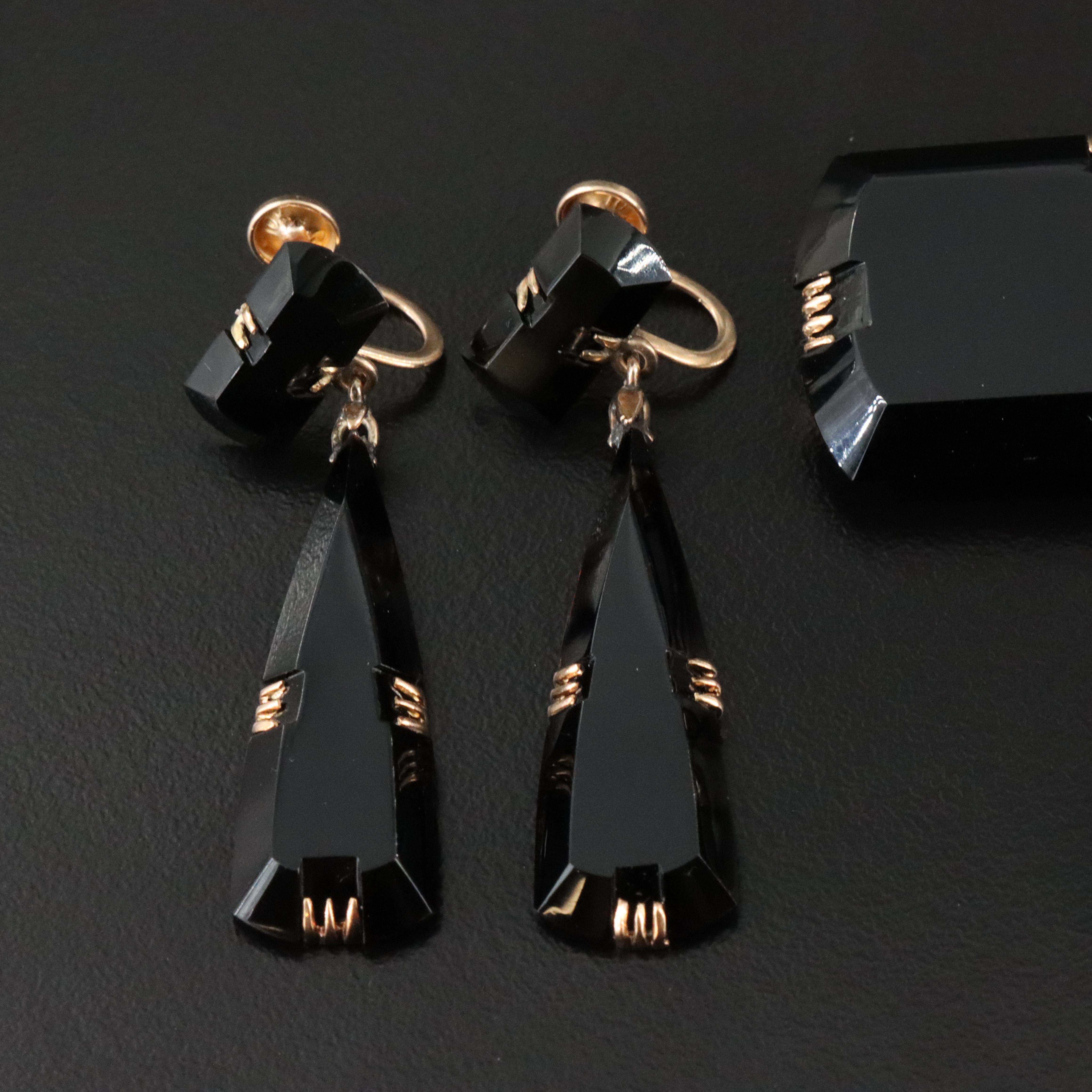 Victorian 10K Black Onyx Mourning Brooch and Earrings