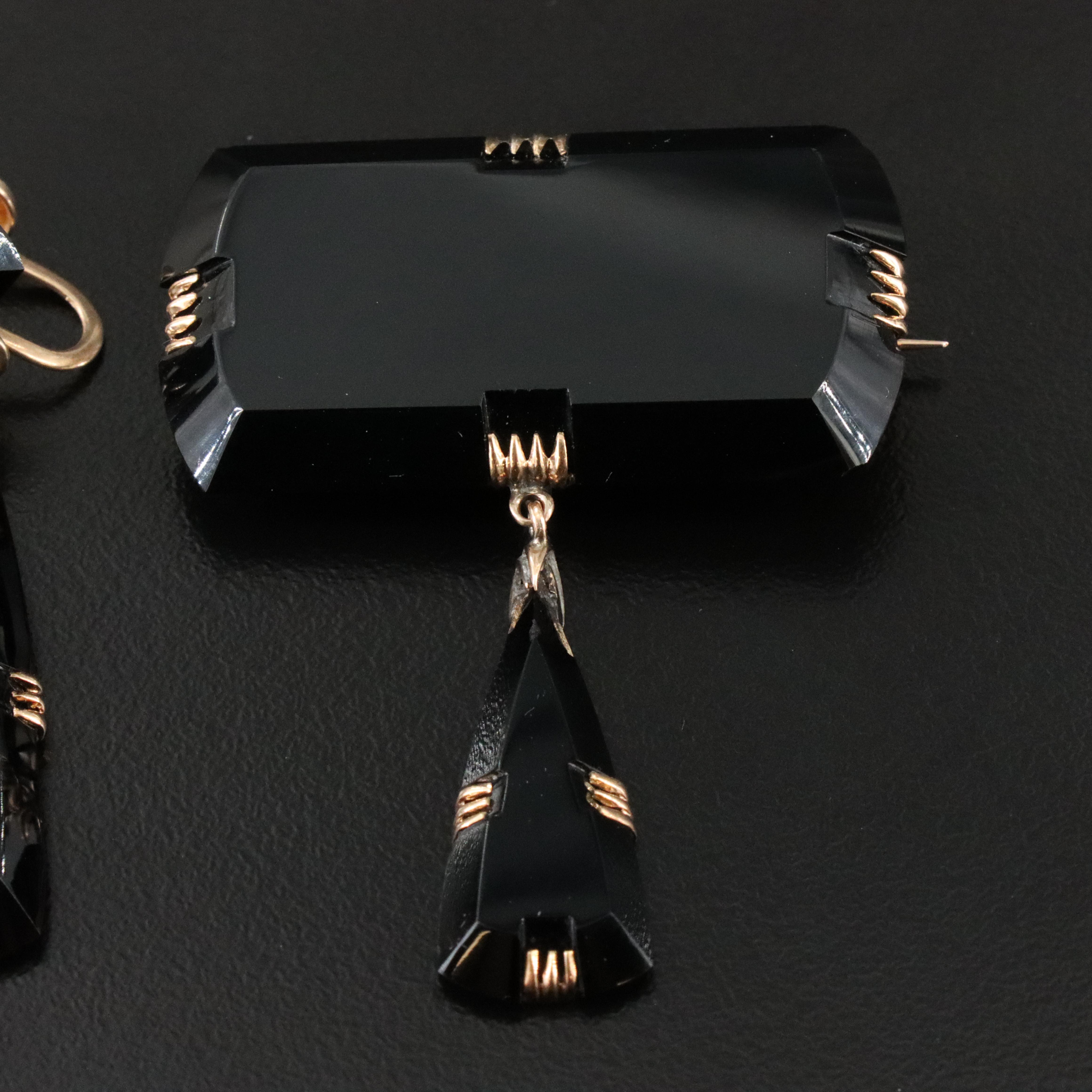 Victorian 10K Black Onyx Mourning Brooch and Earrings