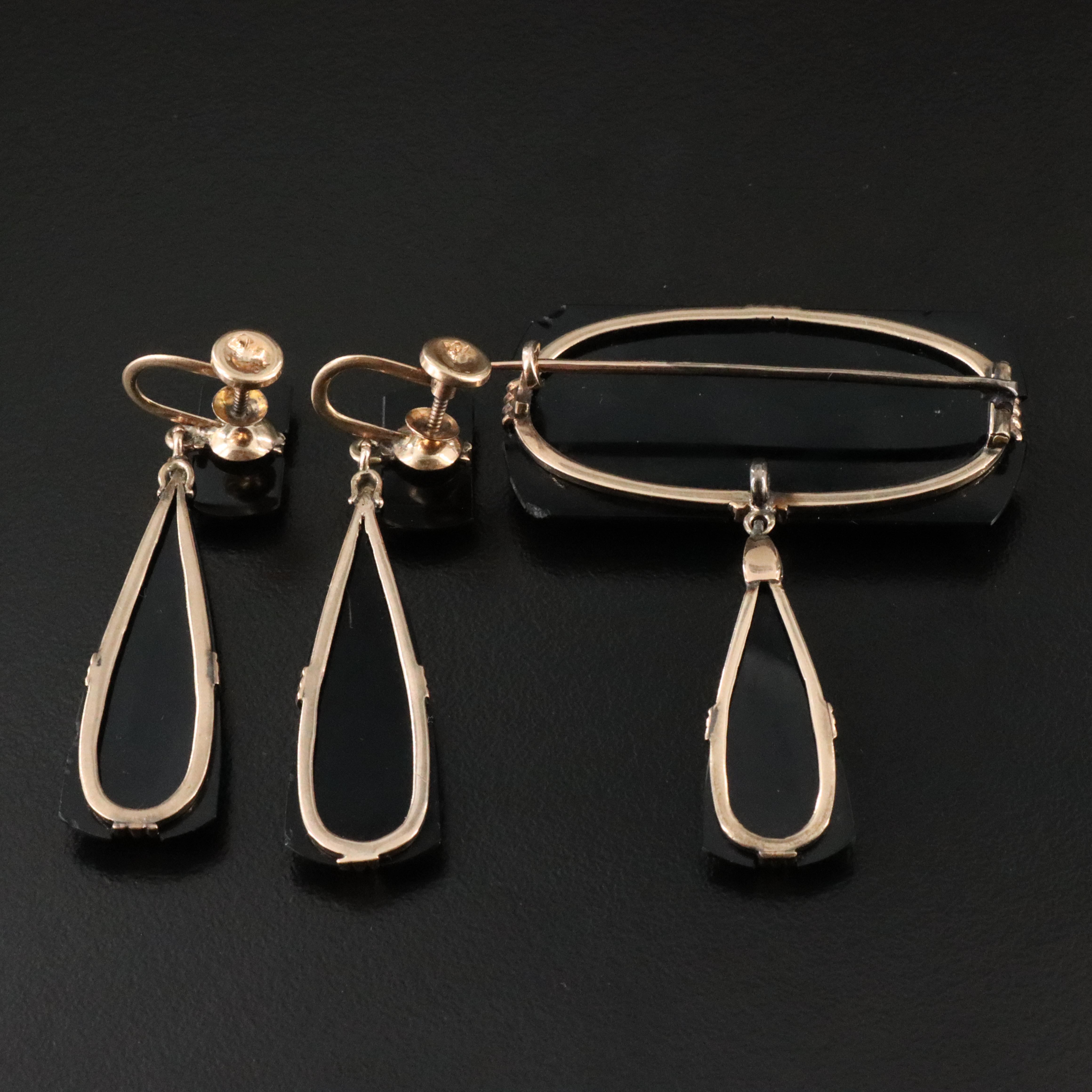 Victorian 10K Black Onyx Mourning Brooch and Earrings