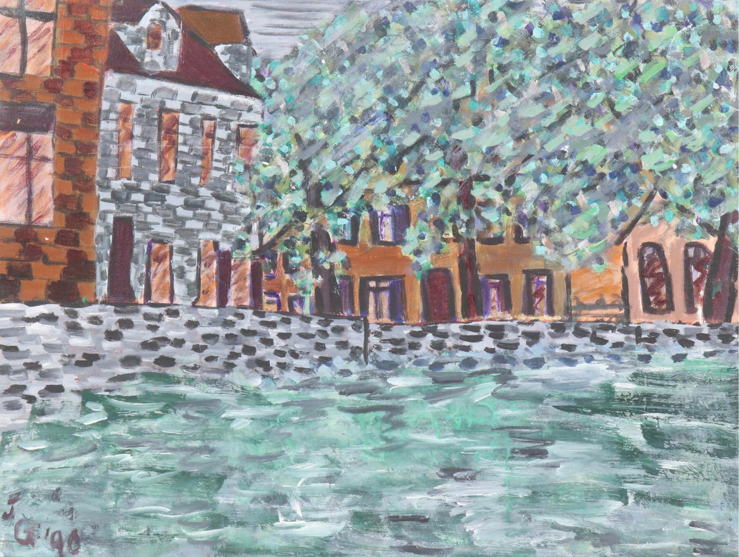 Janice Guttman Modernist Architectural Landscape Acrylic Painting, 1990