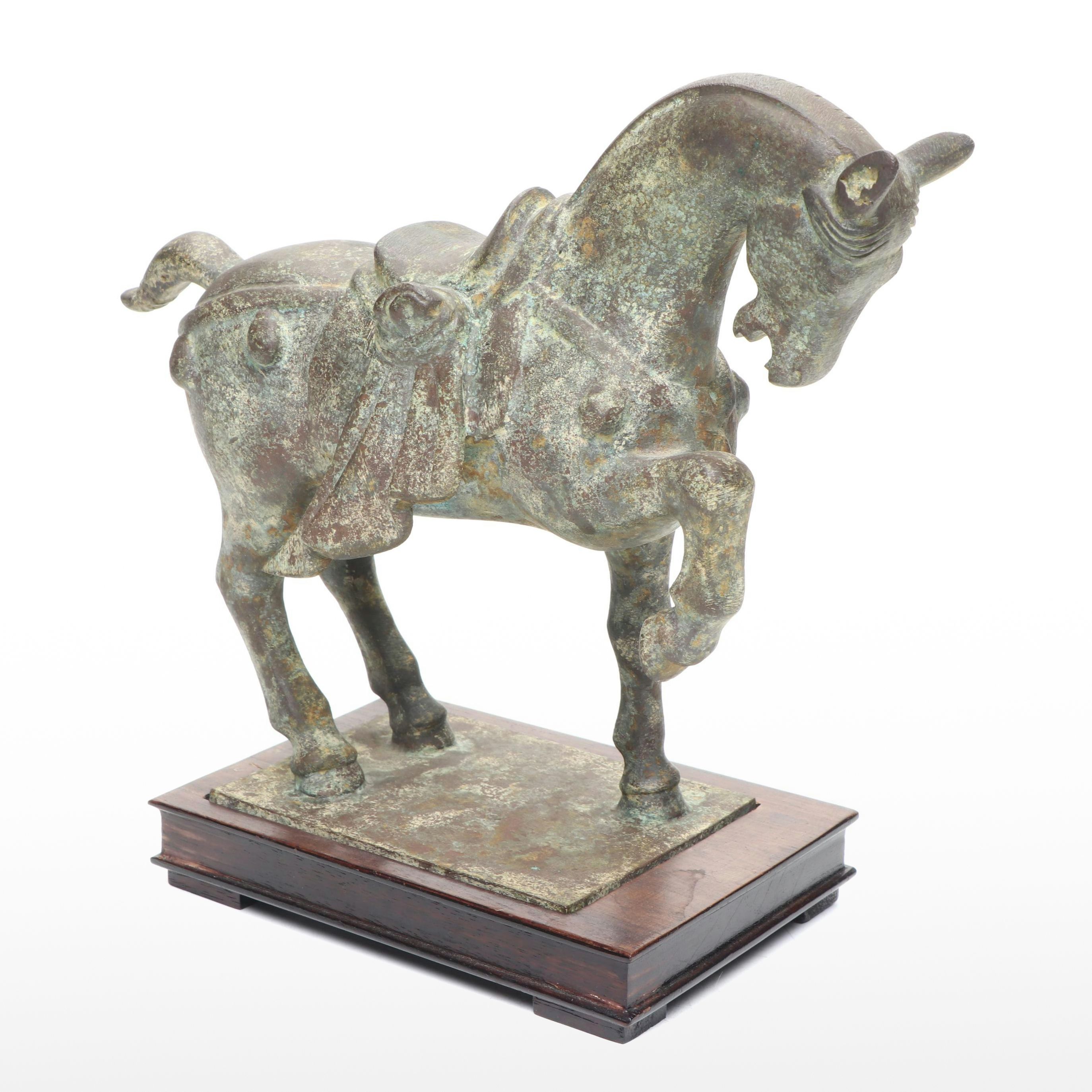 Chinese Tang Dynasty Style Cast Metal Horse on Wooden Stand