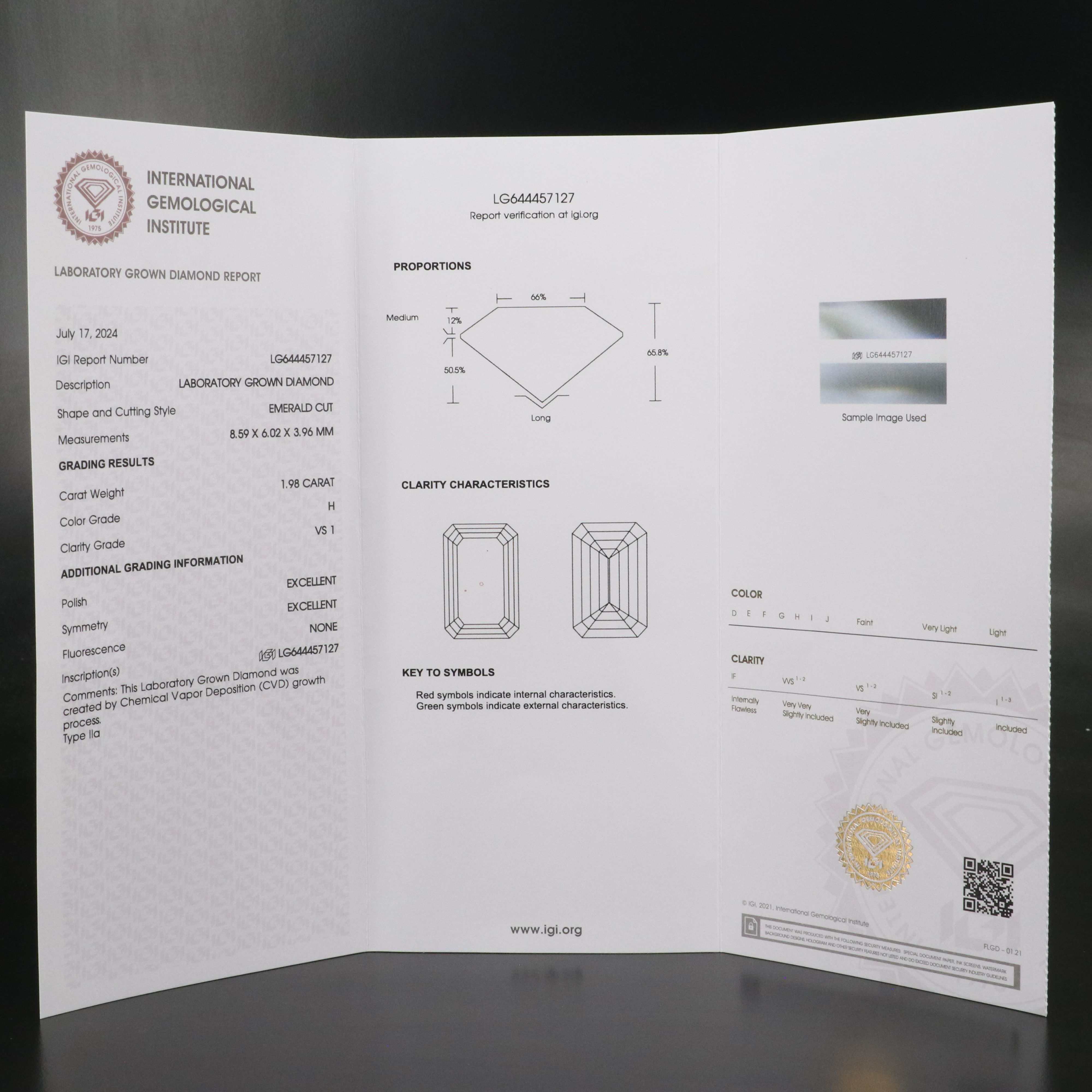 Loose 1.98 CT Lab Grown Diamond with IGI Report