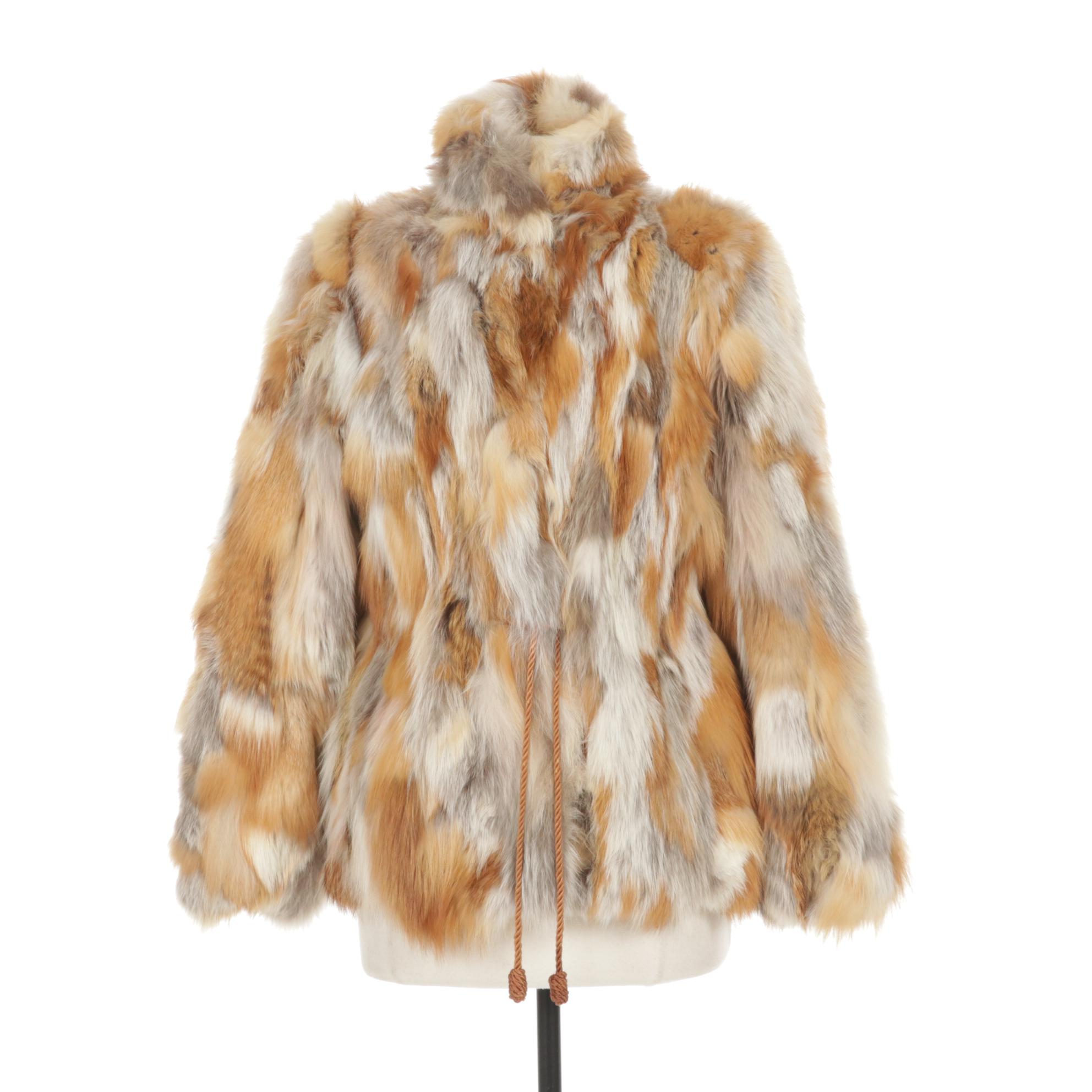 Red and Grey Fox Fur Patchwork Coat with Drawstring Belt, 1970s