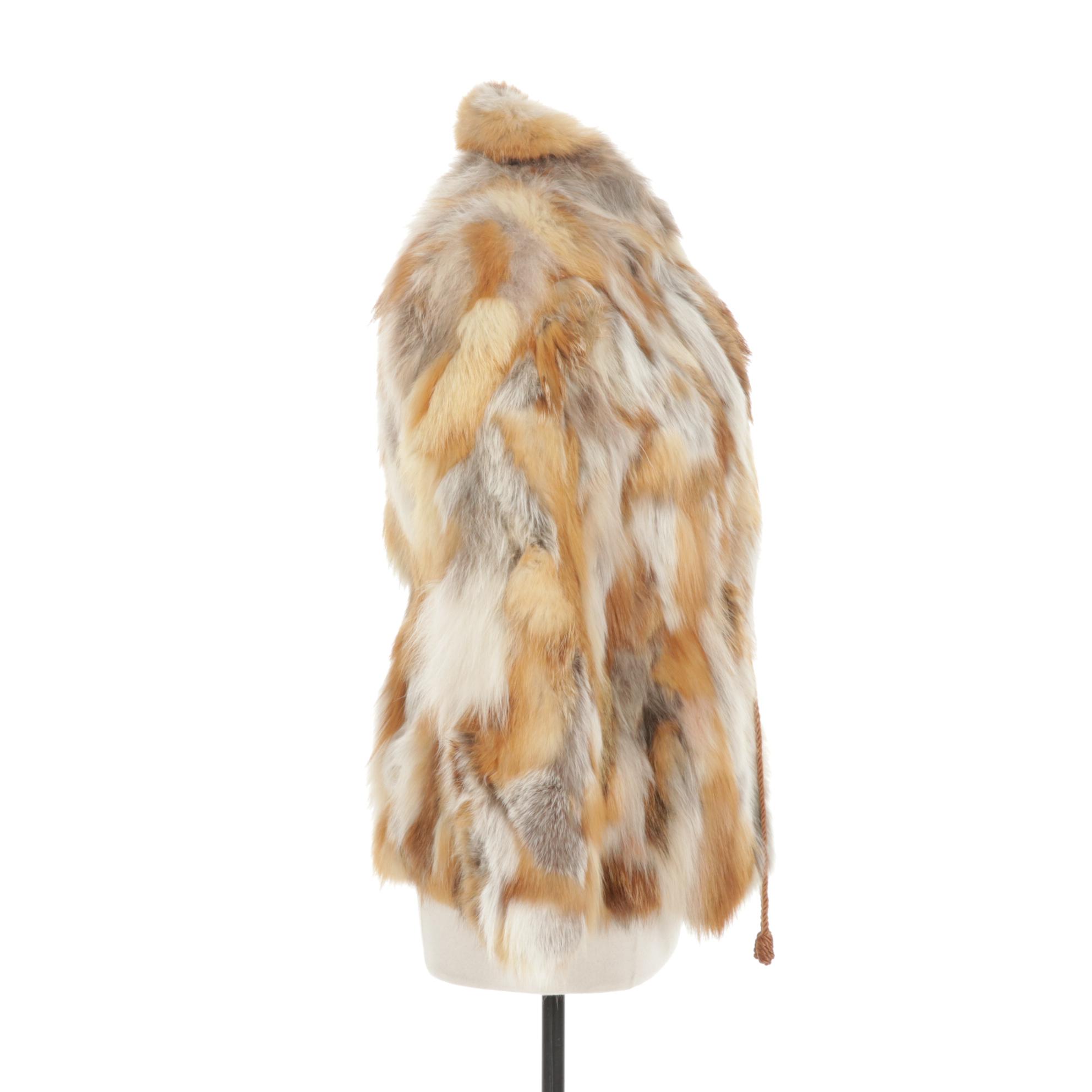 Red and Grey Fox Fur Patchwork Coat with Drawstring Belt, 1970s