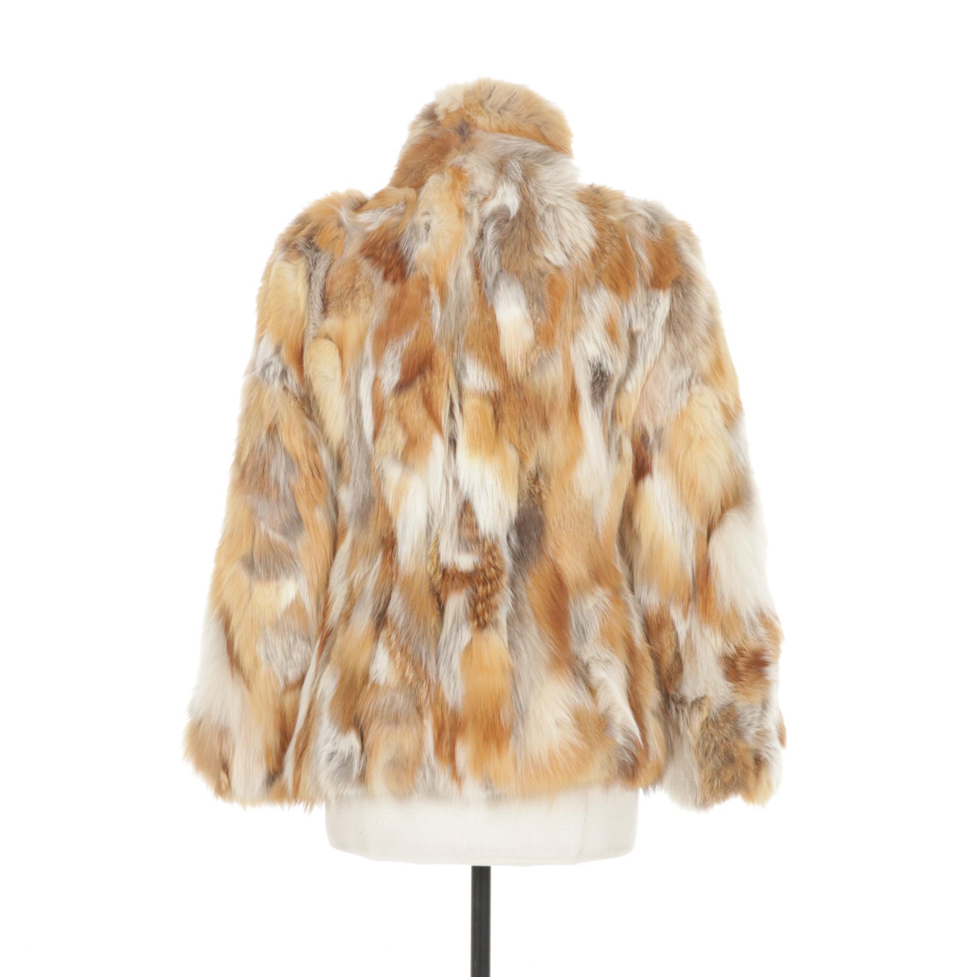 Red and Grey Fox Fur Patchwork Coat with Drawstring Belt, 1970s