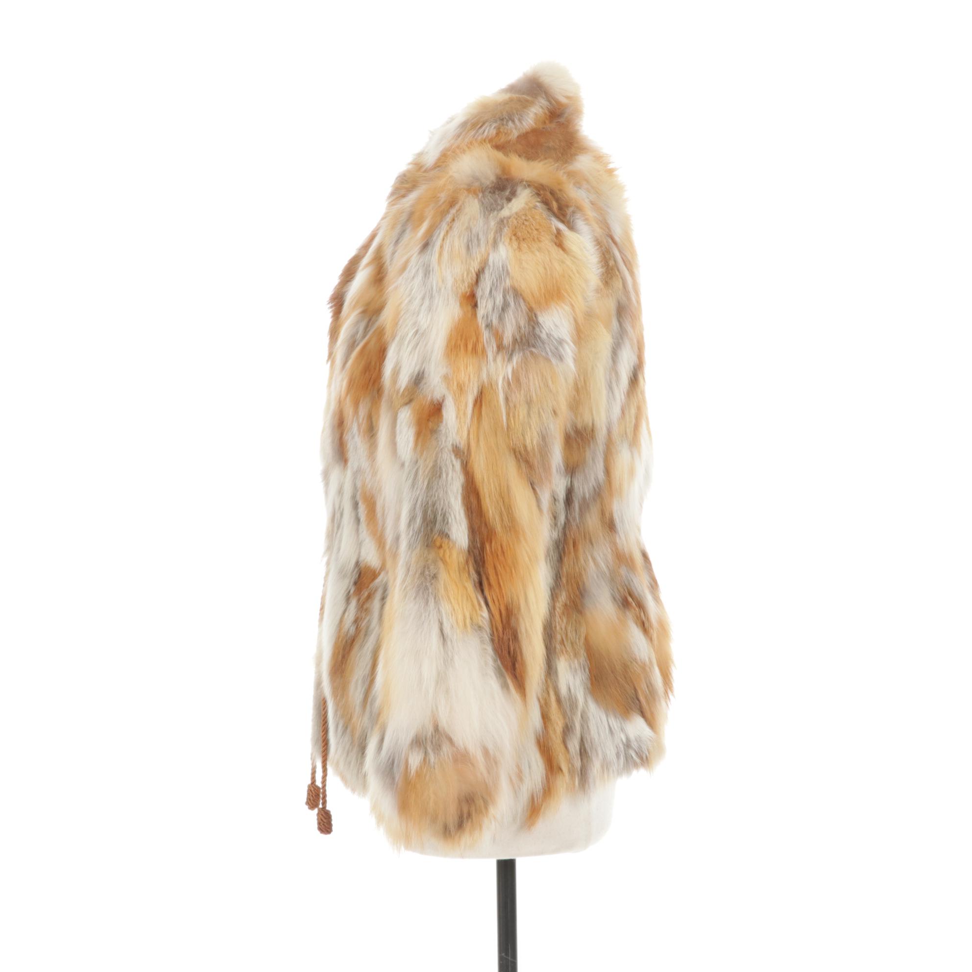 Red and Grey Fox Fur Patchwork Coat with Drawstring Belt, 1970s