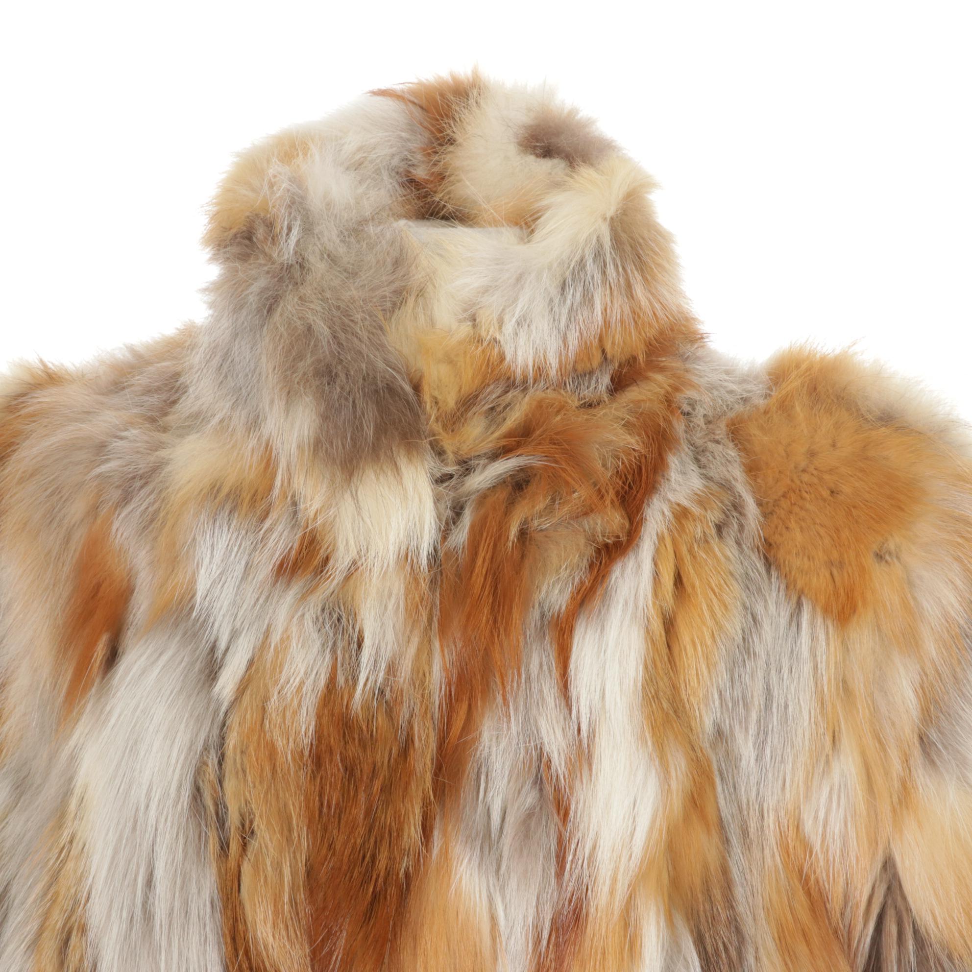 Red and Grey Fox Fur Patchwork Coat with Drawstring Belt, 1970s