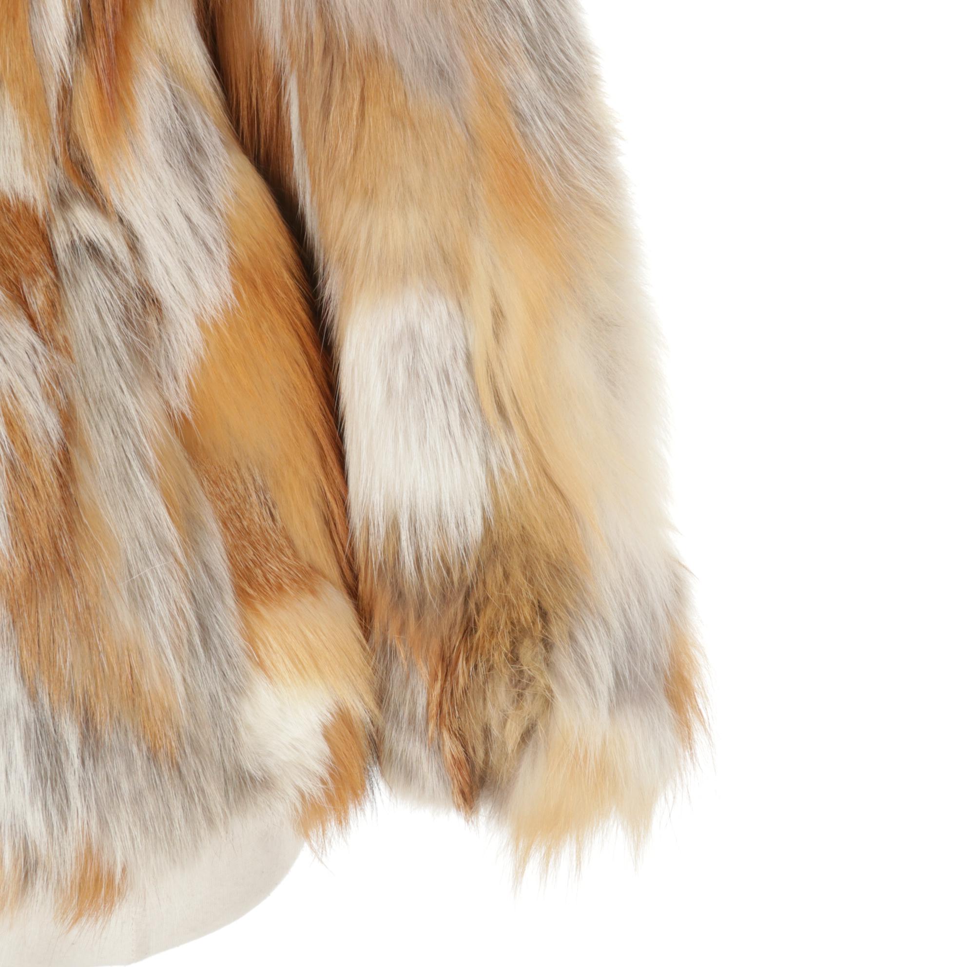 Red and Grey Fox Fur Patchwork Coat with Drawstring Belt, 1970s