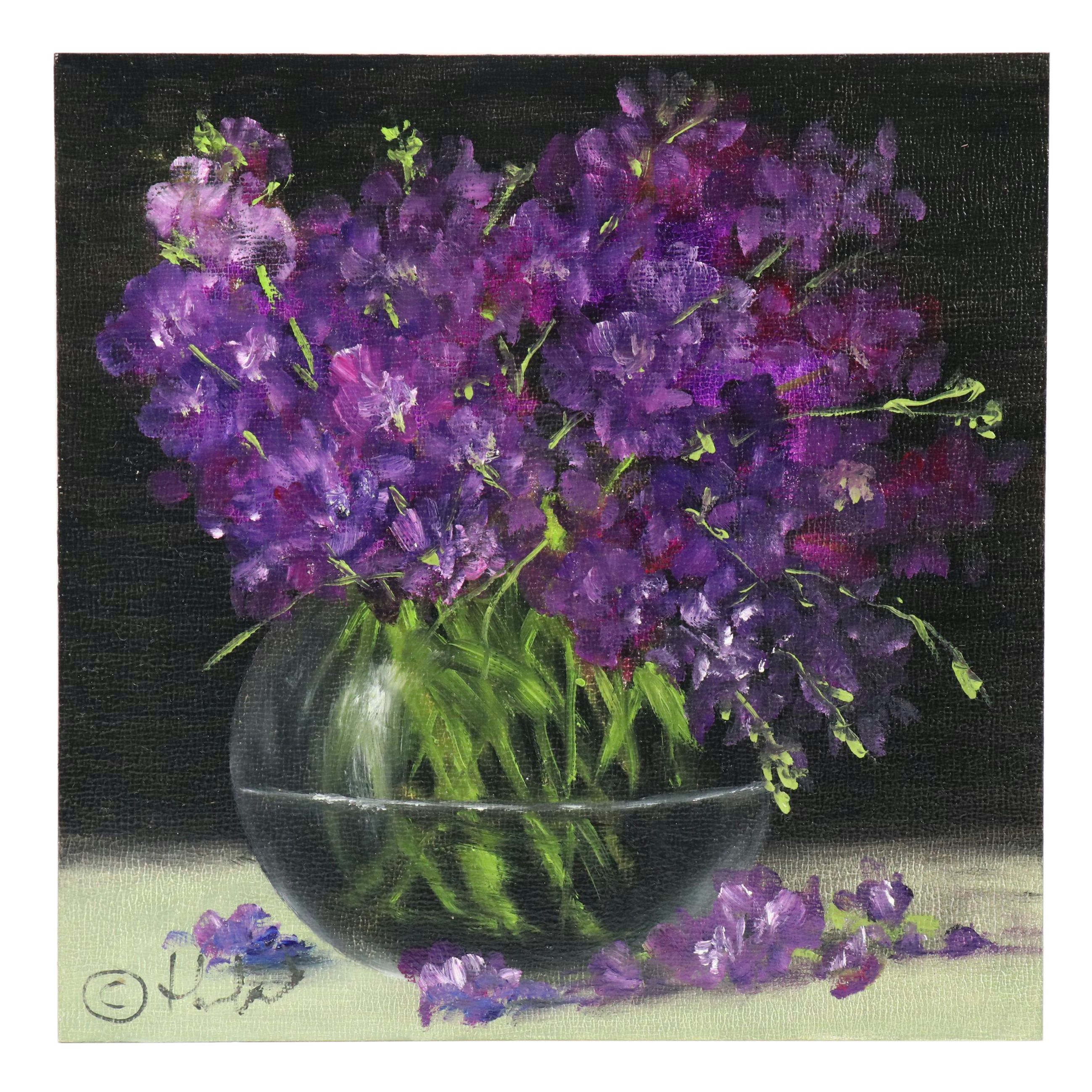 Thu-Thuy Tran Floral Still Life Oil Painting "Matthiolas in Early Spring," 2025