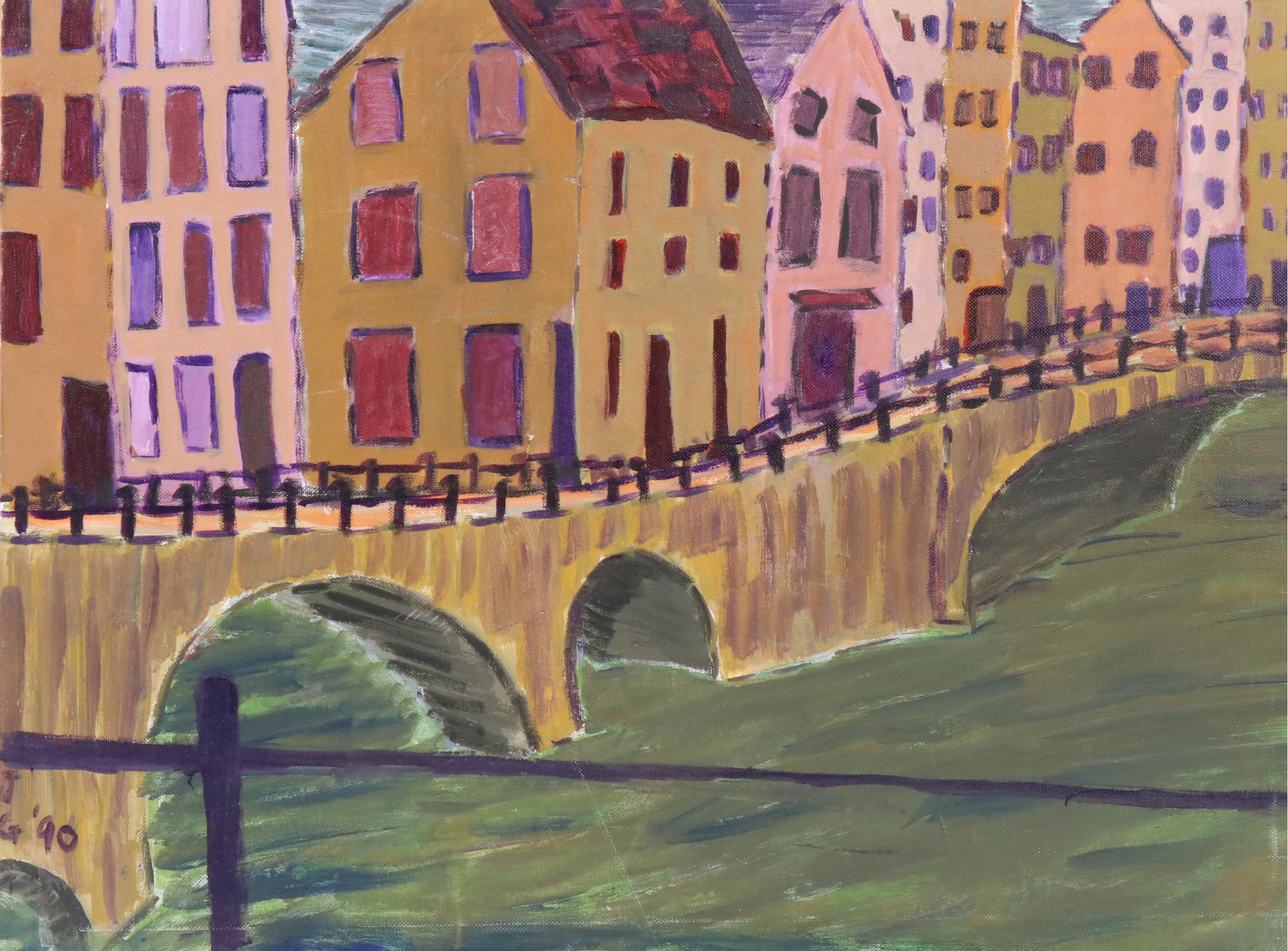 Janice Guttman Modernist Cityscape Acrylic Painting "View from Canal," 1990