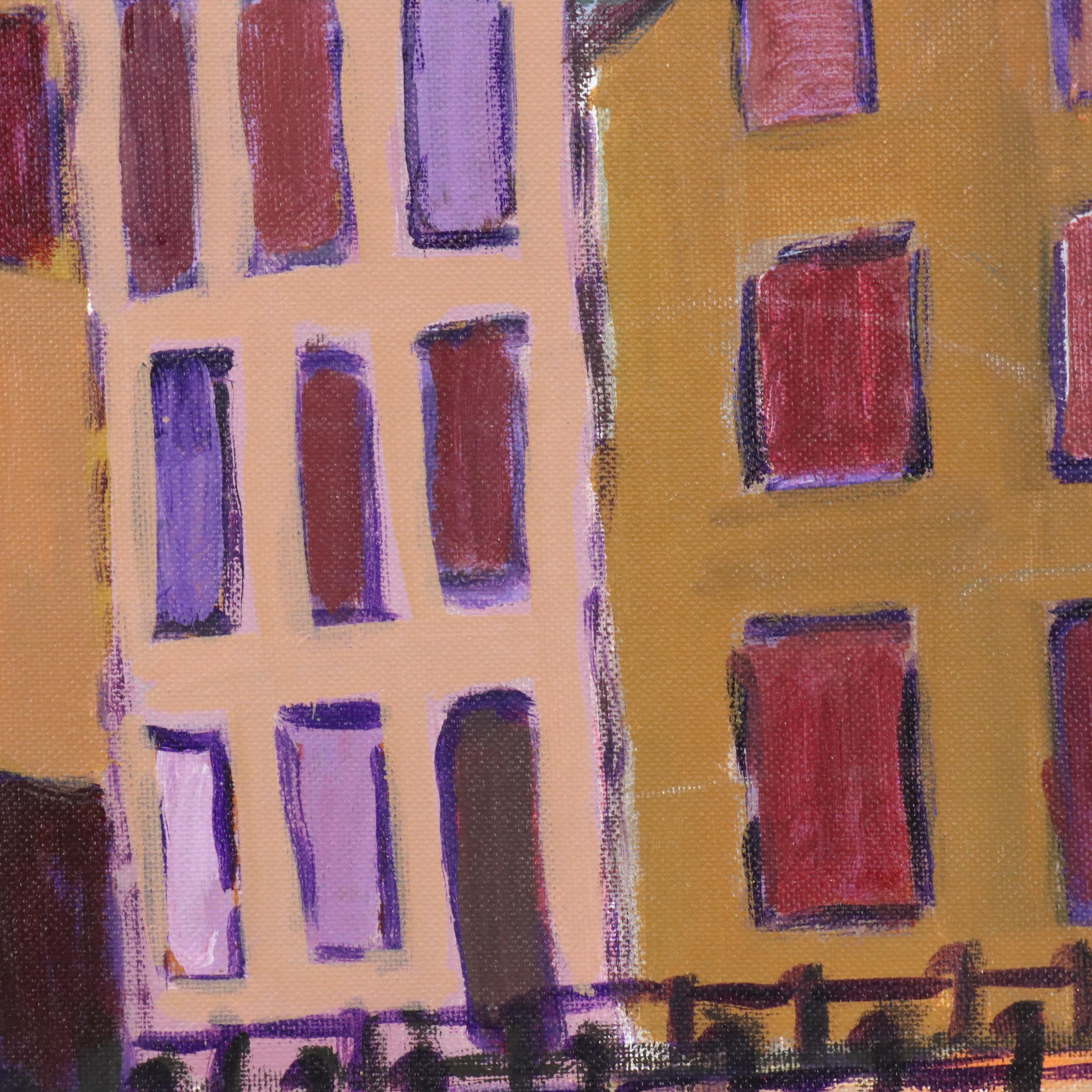 Janice Guttman Modernist Cityscape Acrylic Painting "View from Canal," 1990