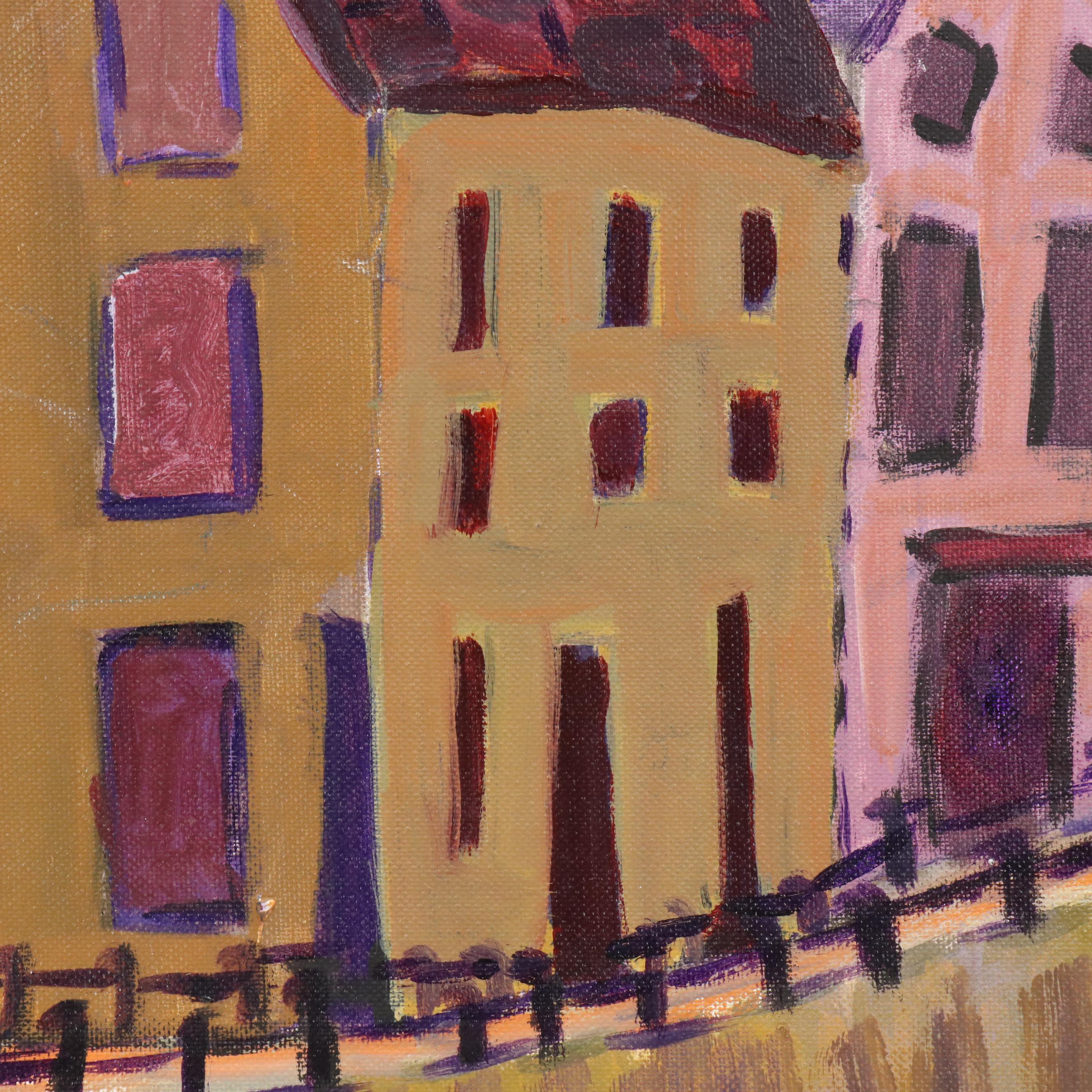 Janice Guttman Modernist Cityscape Acrylic Painting "View from Canal," 1990